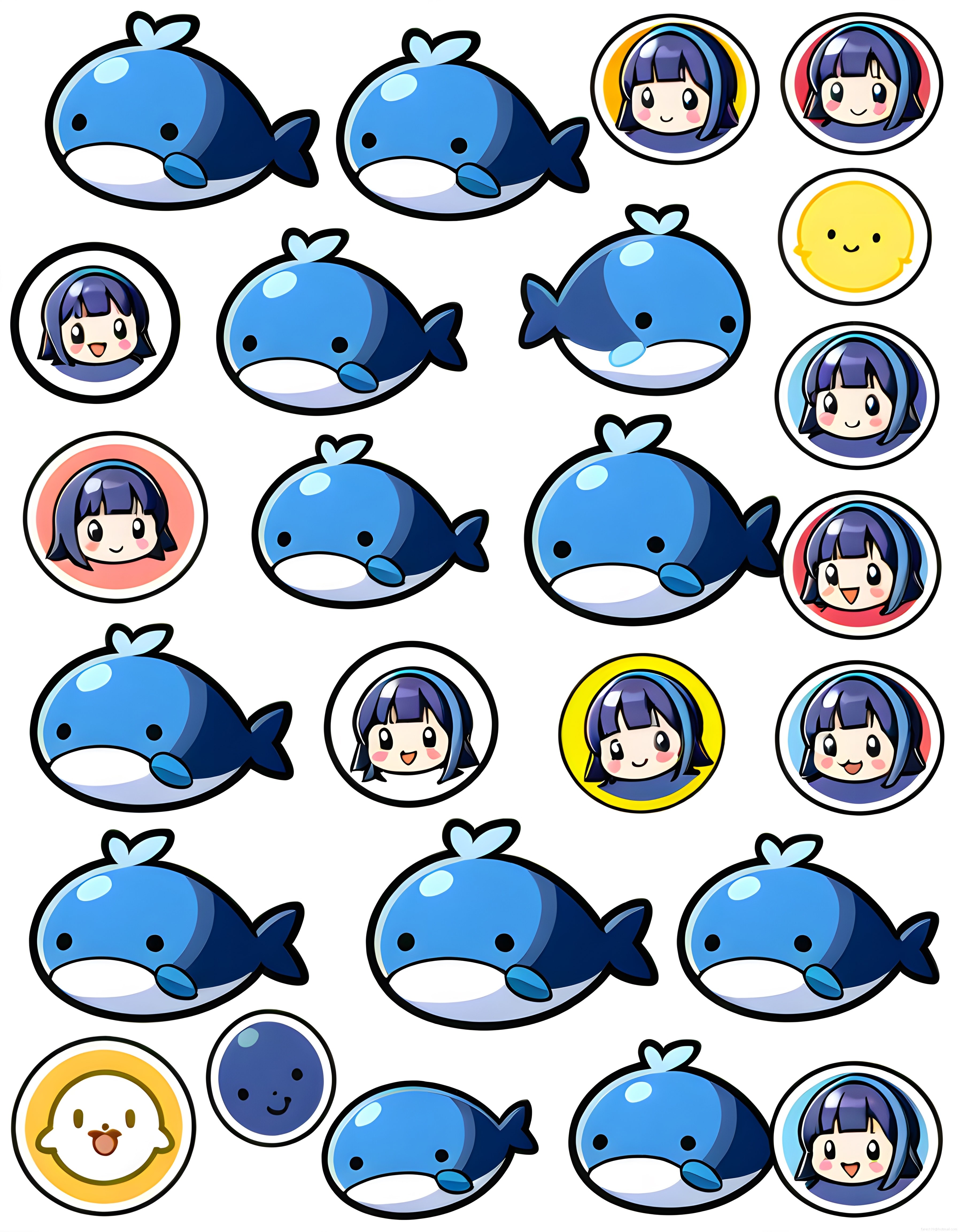 Sevimli Mavi Balina ve Anime Kız Karakterli Kawaii Çıkartma Seti