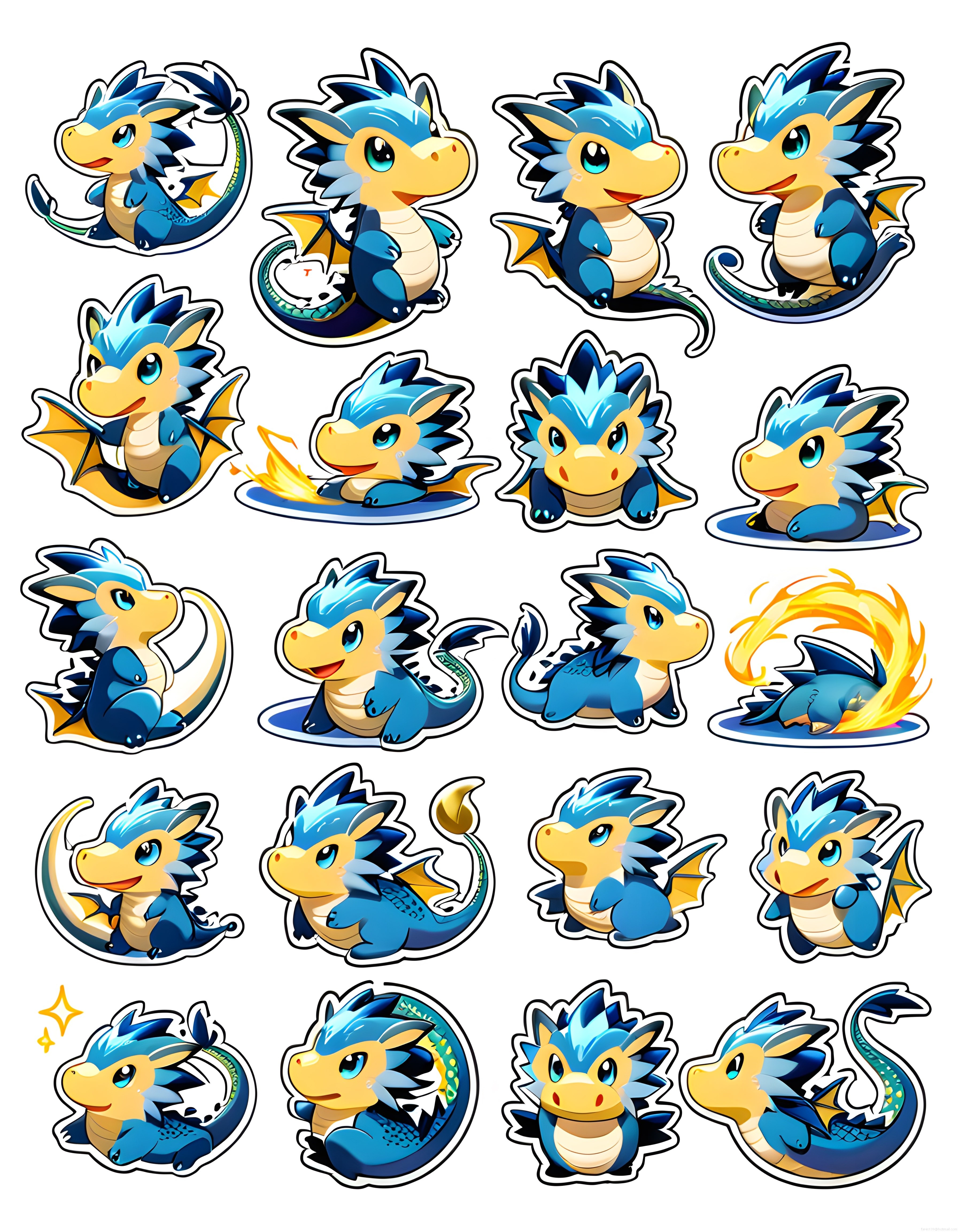 Sevimli Mavi Ejderha Sticker Seti: Chibi Anime Ejderha Karakter Tasarımları