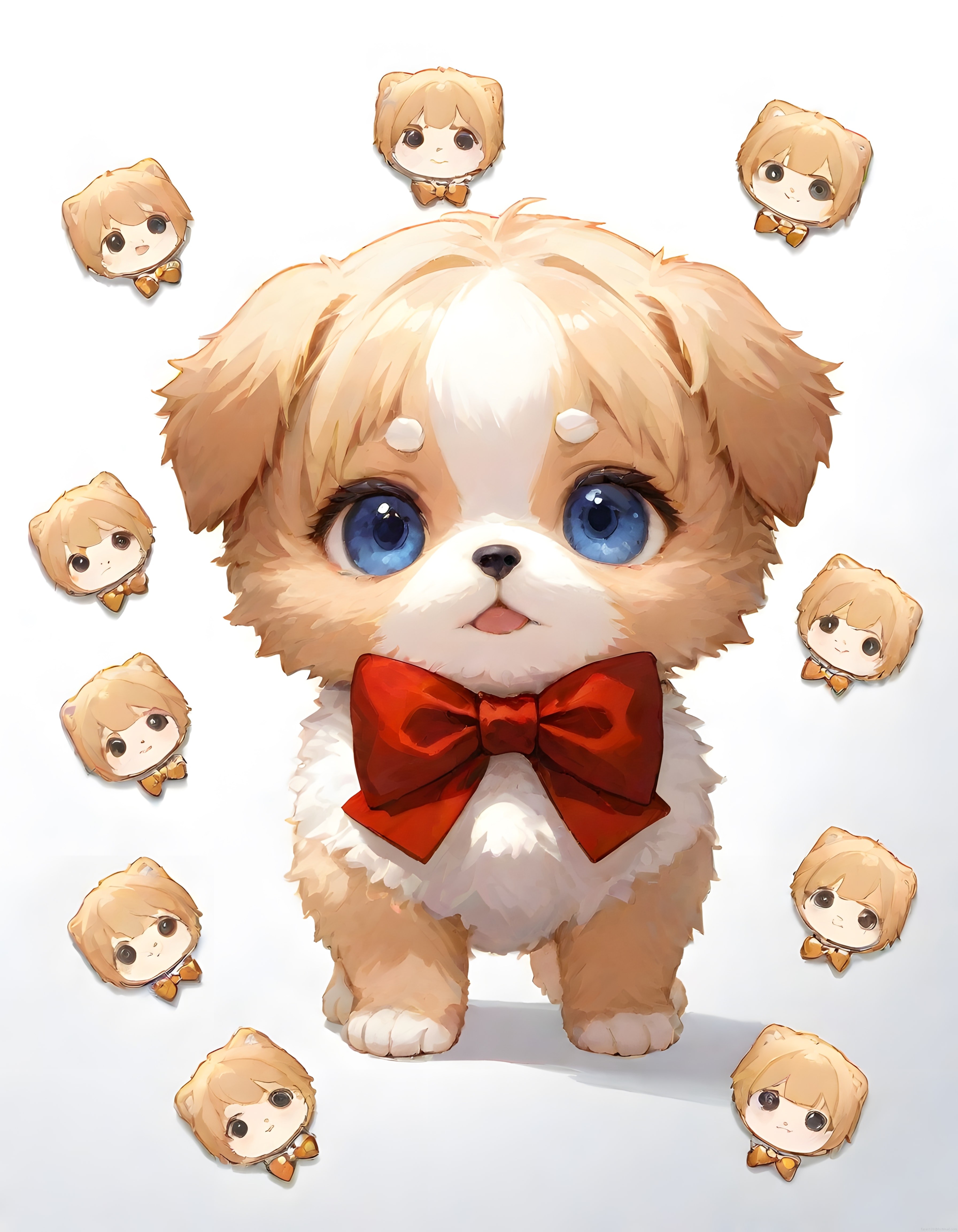 Sevimli mavi gözlü anime köpek ve etrafındaki chibi karakterler illüstrasyon