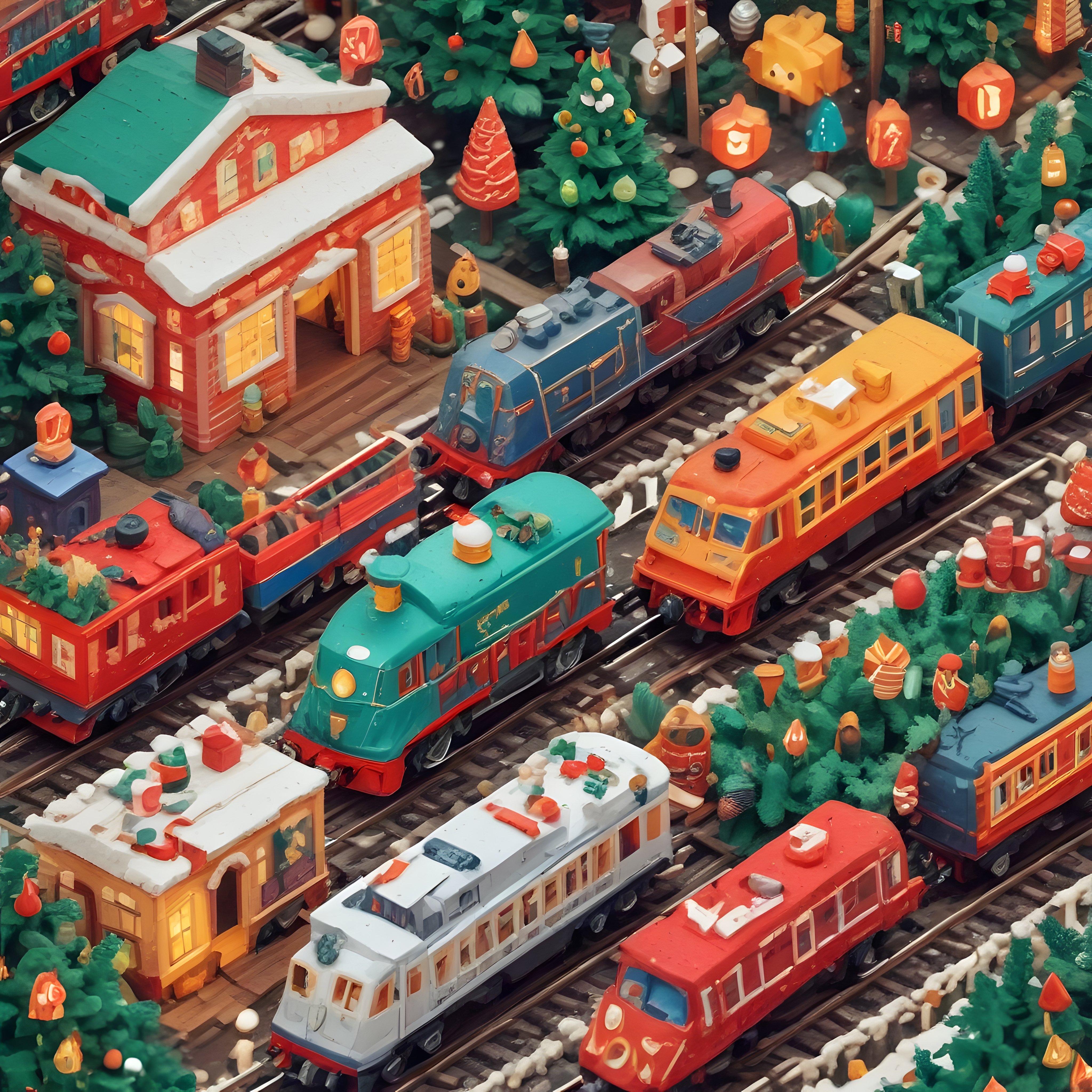 Sevimli Minyatür Tren Köyünde Karlı Yılbaşı Atmosferi ve Renkli Raylar
