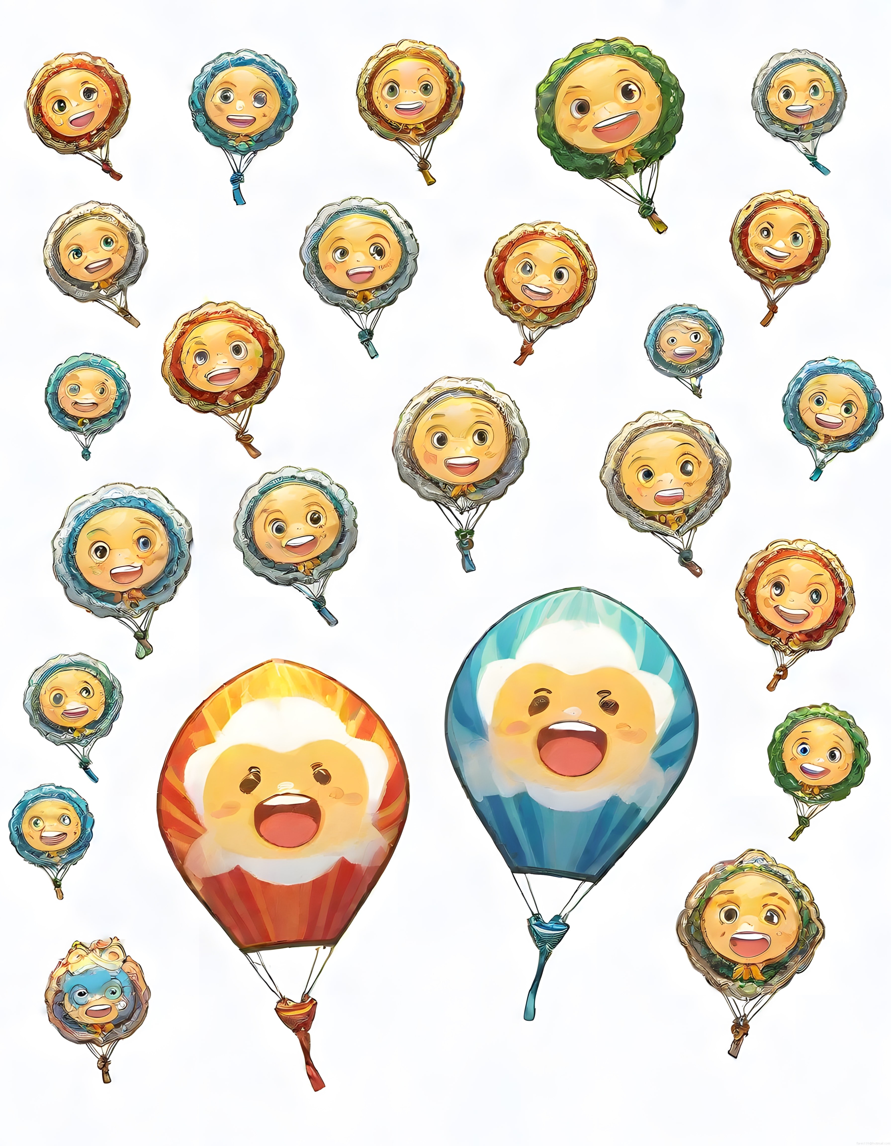Sevimli Mutlu Yüzlü Renkli Balon Karakterleri ve Sıcak Hava Balonu Çizimleri