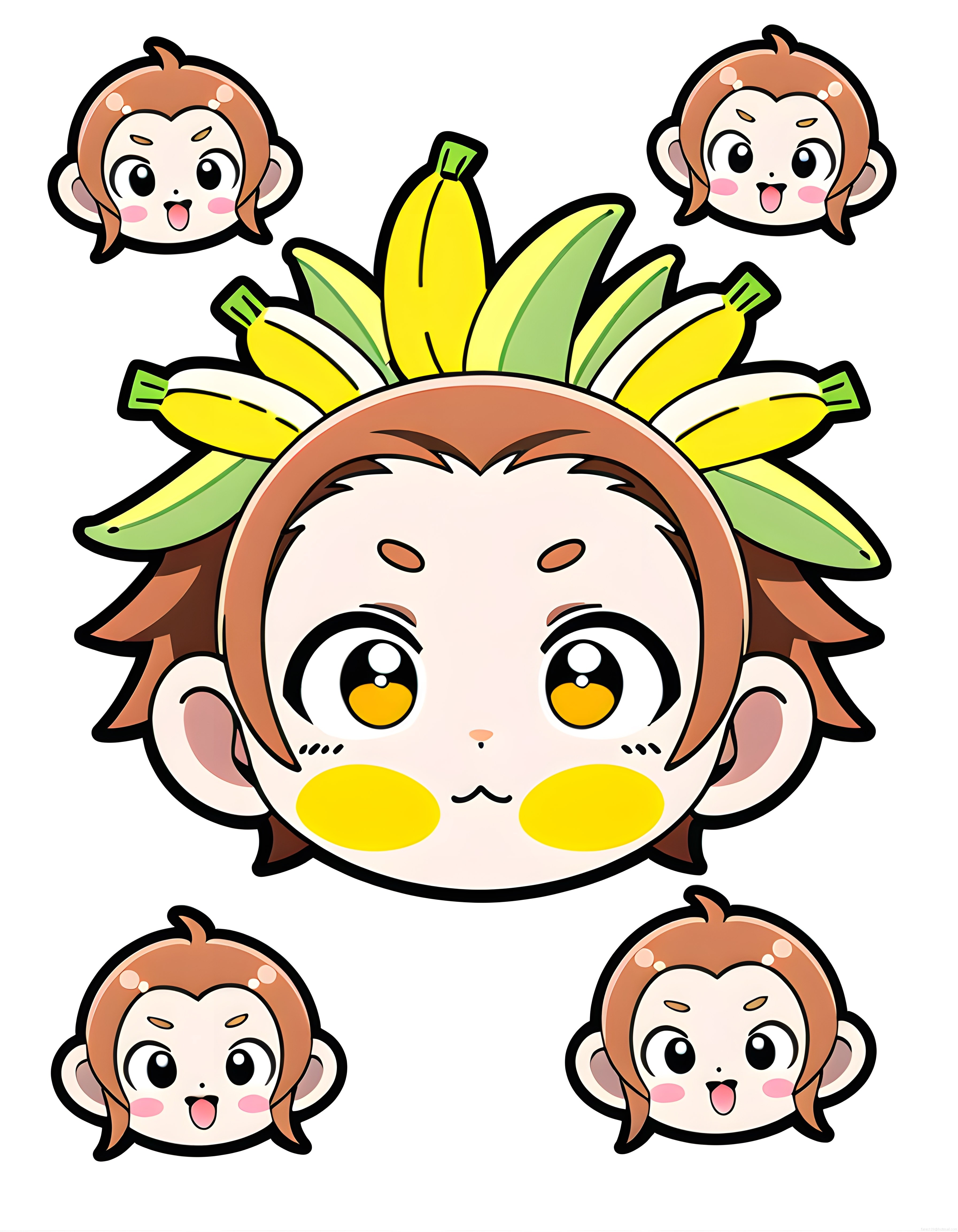 Sevimli Muz Tacı Chibi Maymun Karakteri ve Mini Duygu İfadesi Sticker Seti