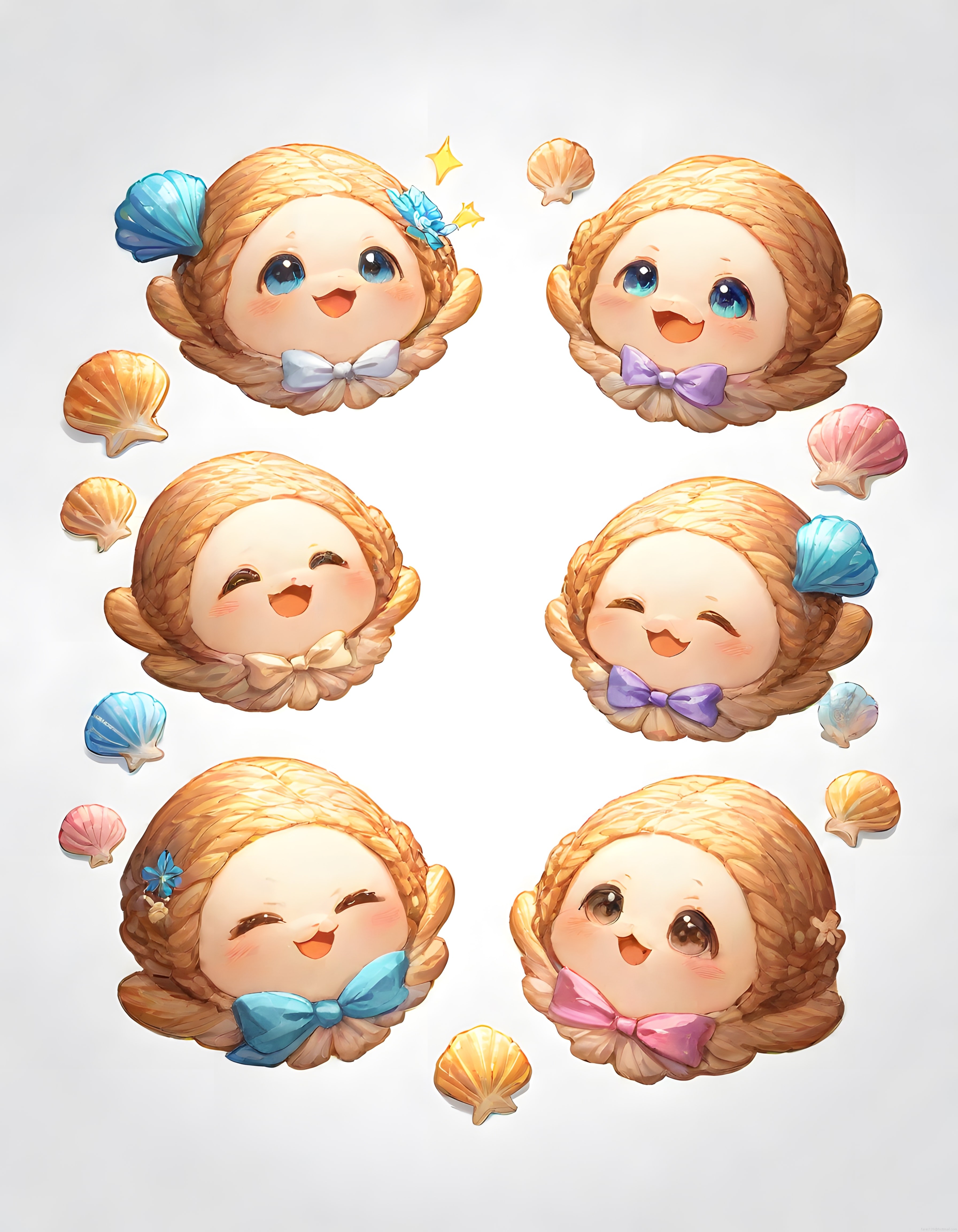 Sevimli Örgülü Chibi Karakterler ve Pastel Deniz Kabuğu Aksesuarlı Dijital Çizim Seti