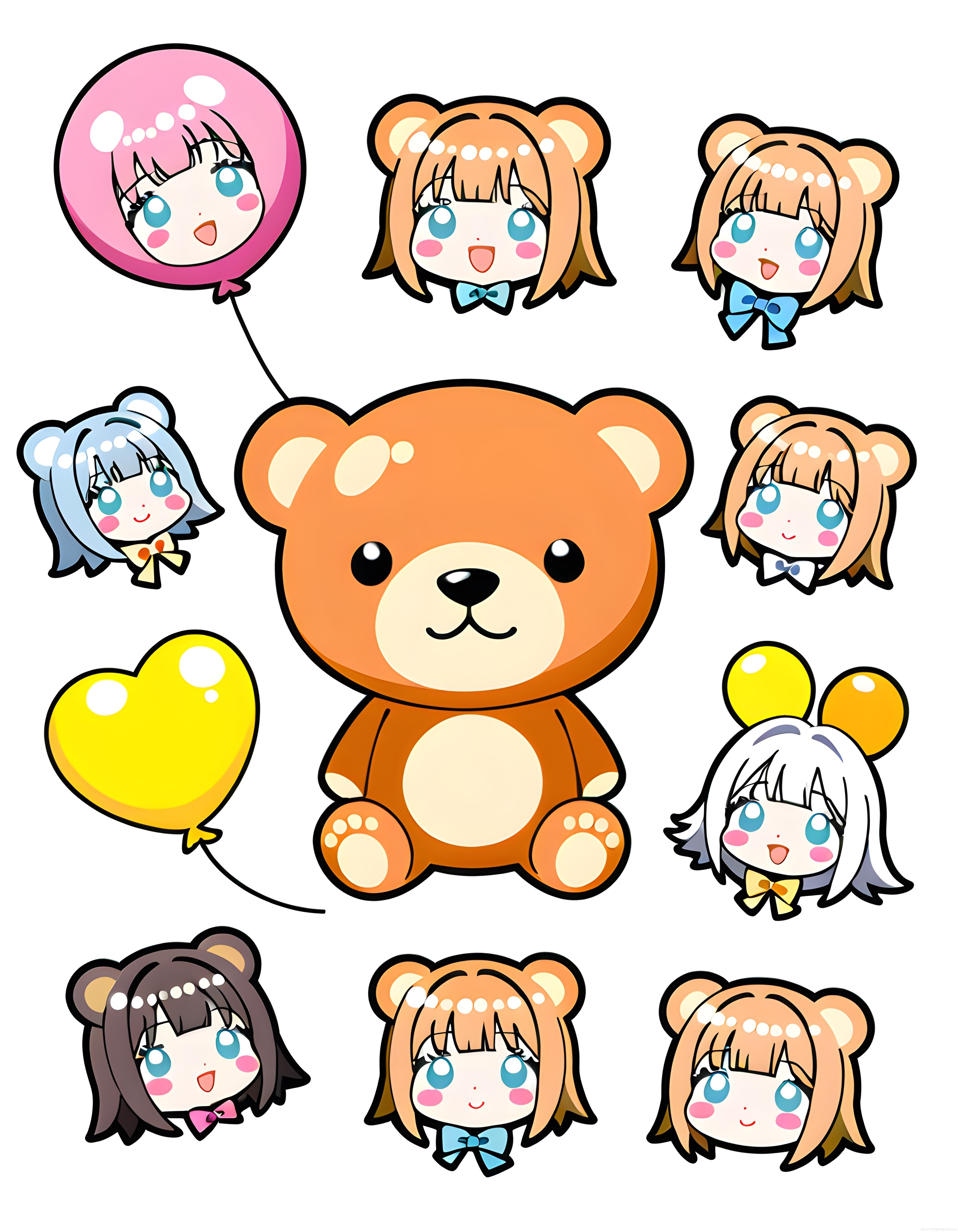 Sevimli oyuncak ayı ve renkli saçlı kawaii anime karakterleri çizim seti