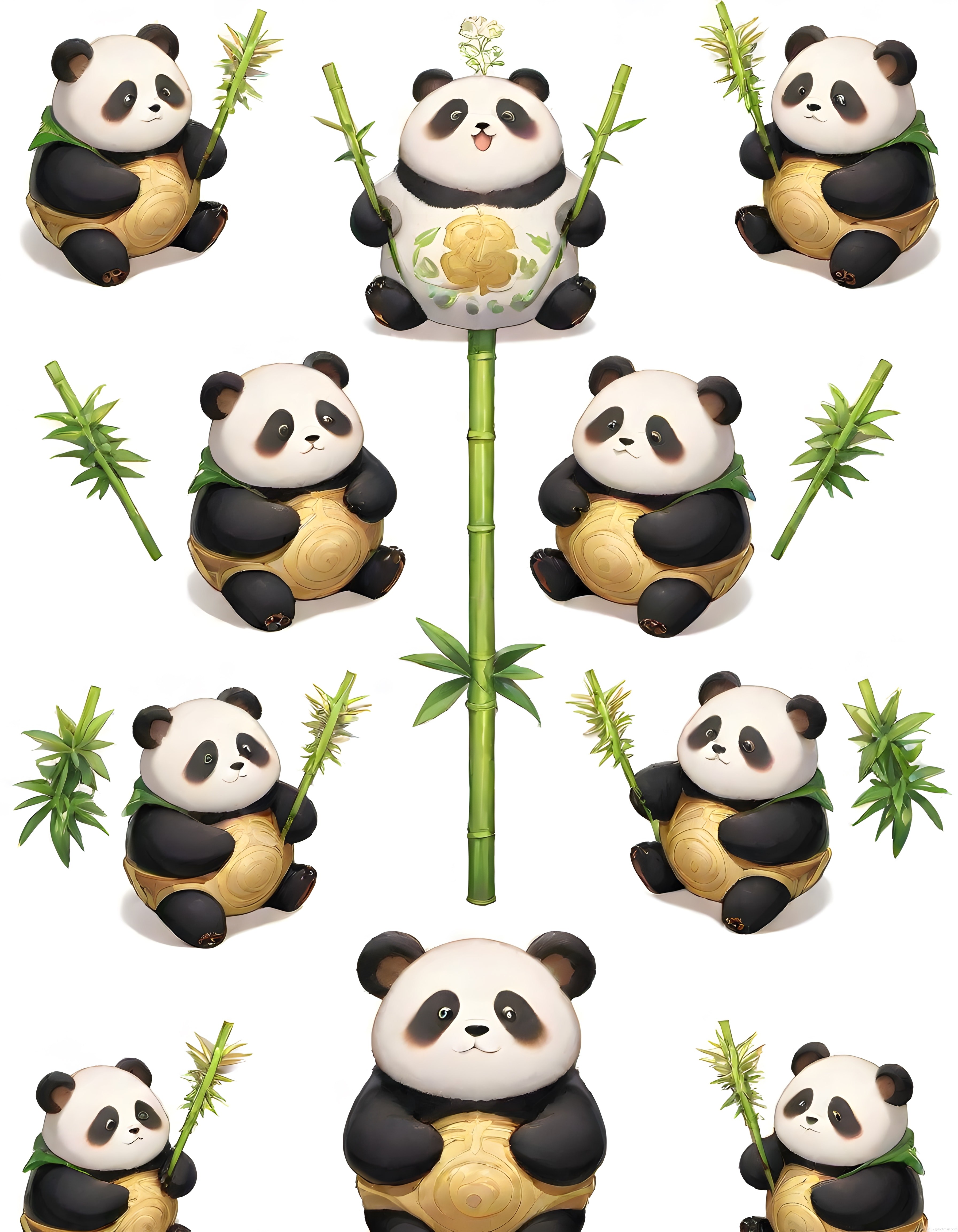 Sevimli Panda Figürleri ve Bambu Ağacı ile Masalsı Çizgi Film Kompozisyonu