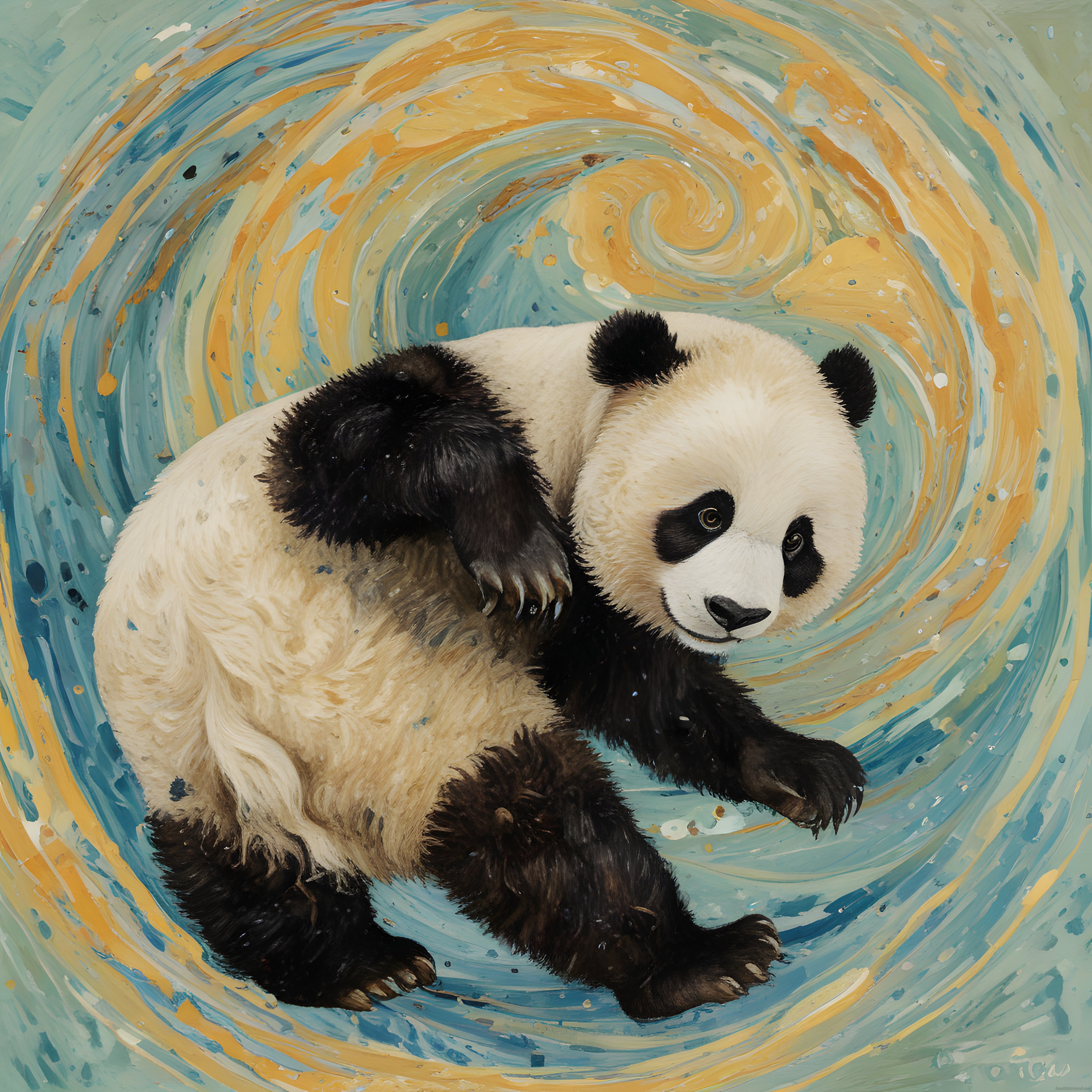 Sevimli Panda Portresi: Dönen Sarı ve Mavi Sanatsal Fırça Darbeleriyle Çevrili
