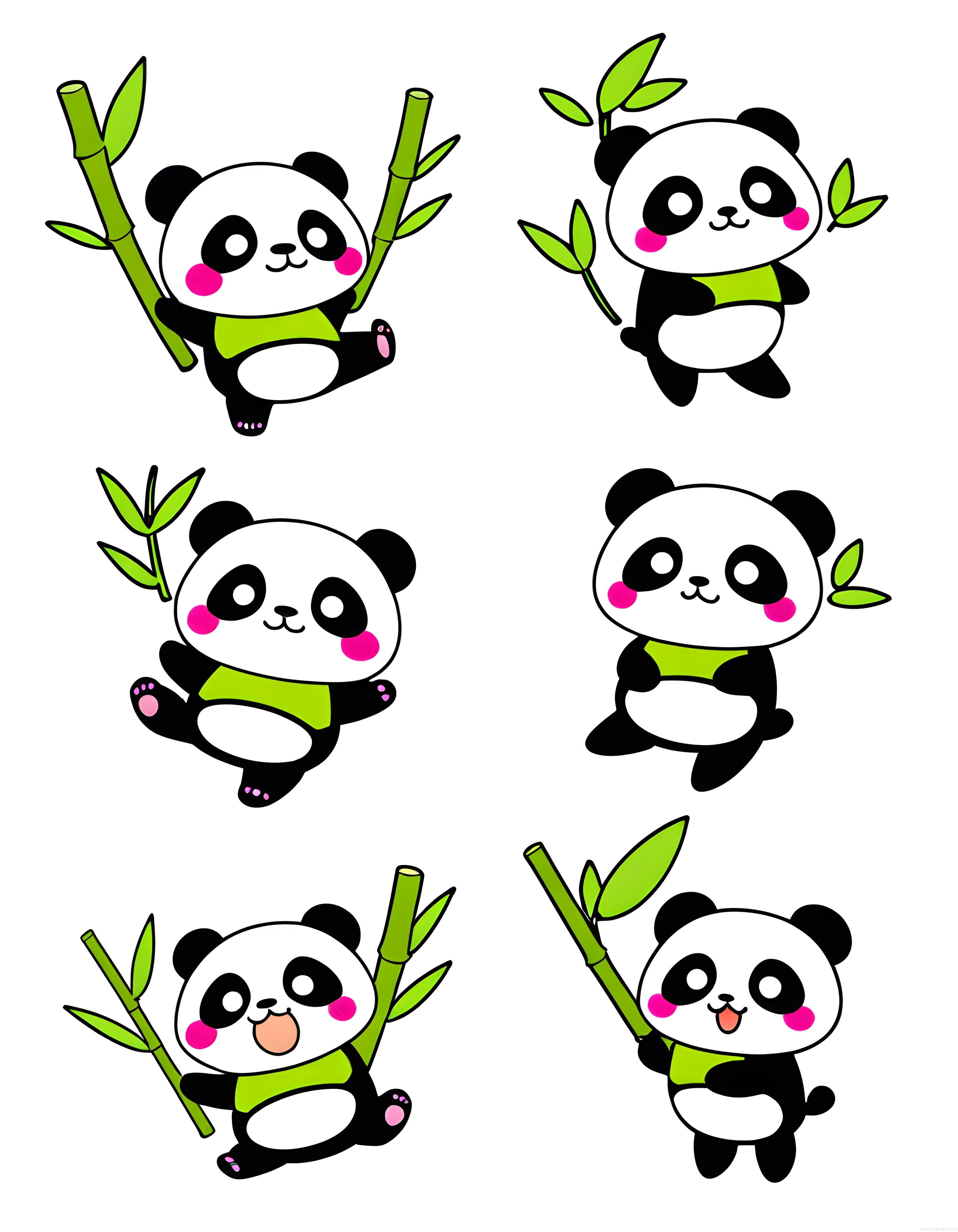Sevimli Panda ve Bambu Ağacı Çizimleri: Kawaii Dijital İllüstrasyon Seti
