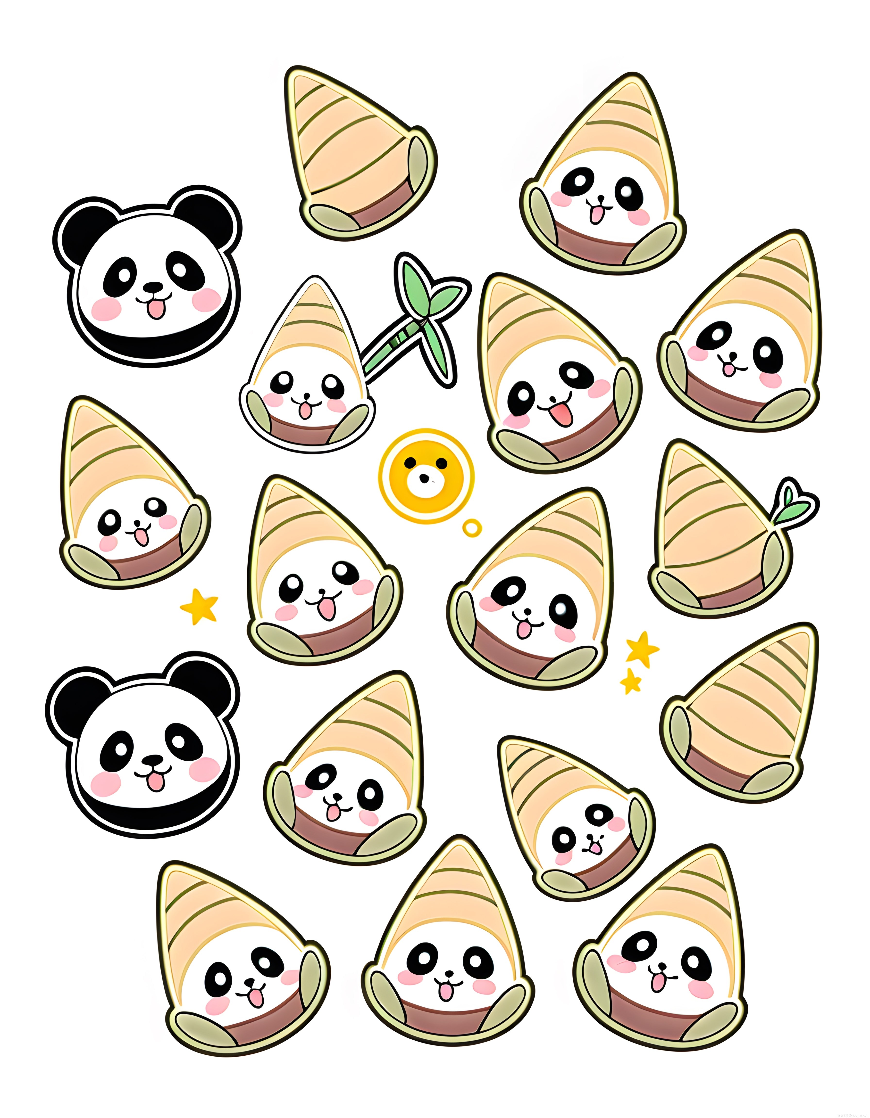 Sevimli Panda ve Bambu Filizi Kawaii Karakterleri Dijital Çizim Koleksiyonu