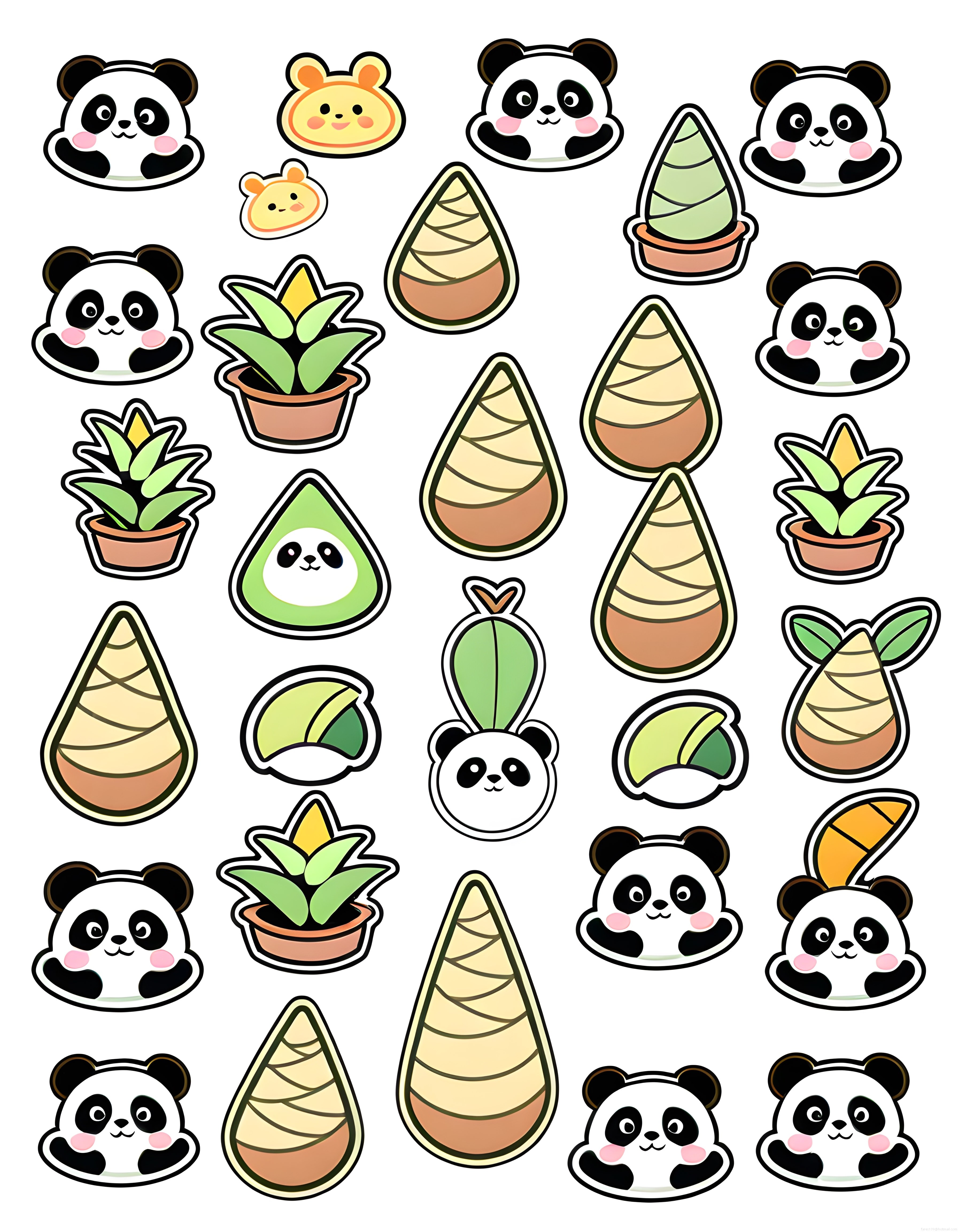 Sevimli panda ve bambu saksı bitkileri kawaii çıkartma koleksiyonu