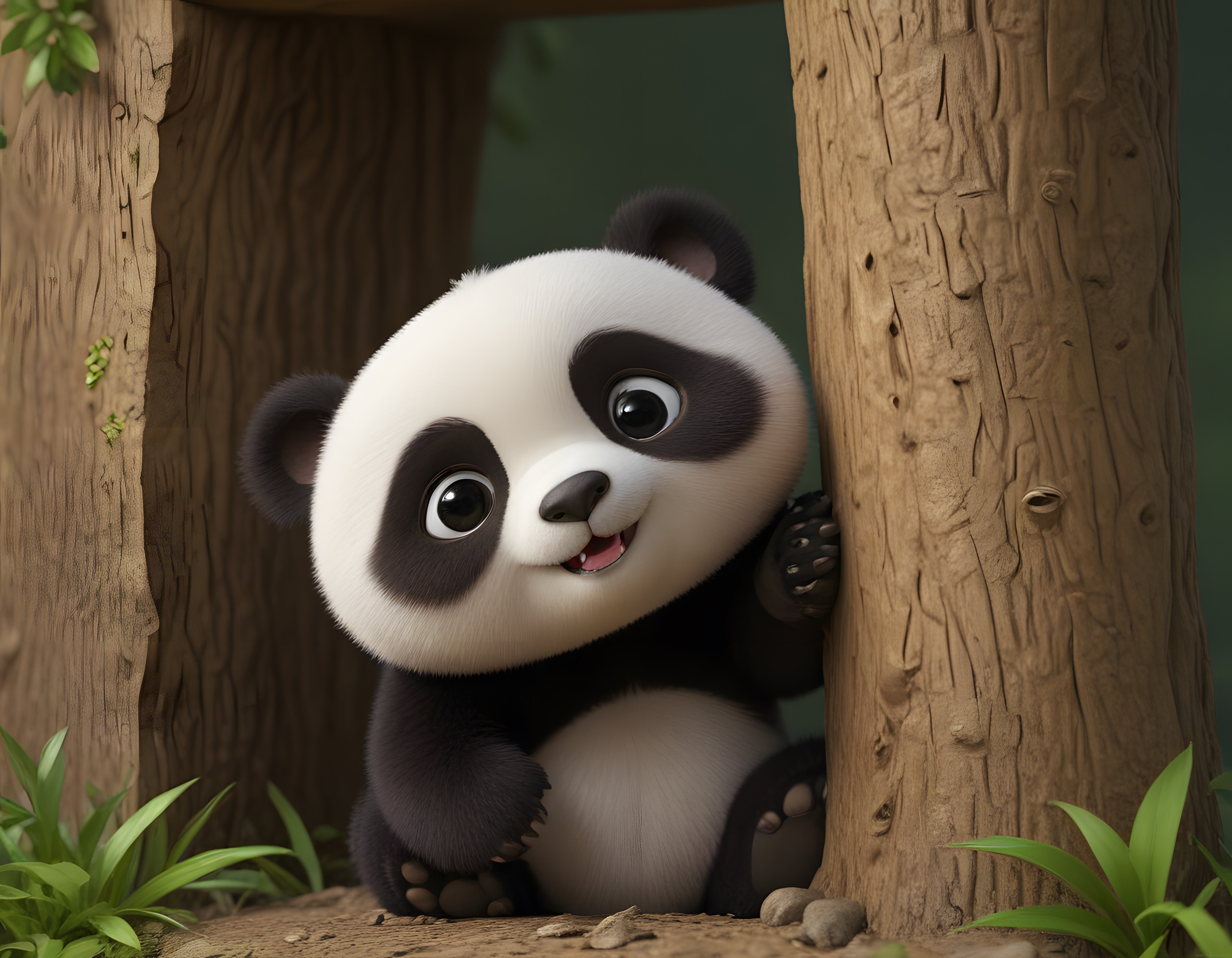 Sevimli Panda Yavrusu Ağaç Kavuğundan Gülümseyerek Bakıyor, 3D Animasyon