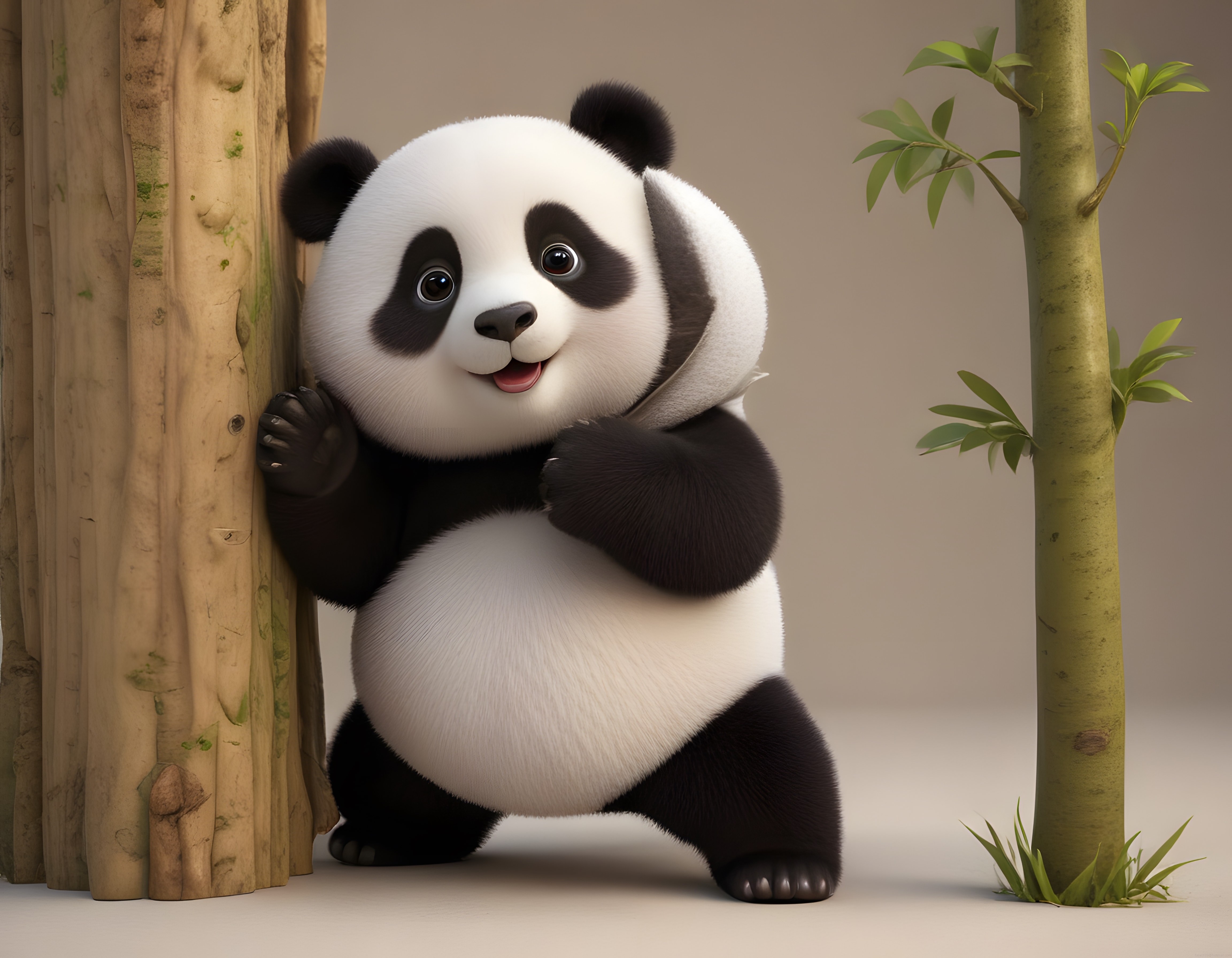 Sevimli Panda Yavrusu Bambu Ağacına Yaslanmış 3D Animasyon Karakteri Sevimli Panda Yavrusu Bambu Ağacına Yaslanmış 3D Animasyon Karakteri