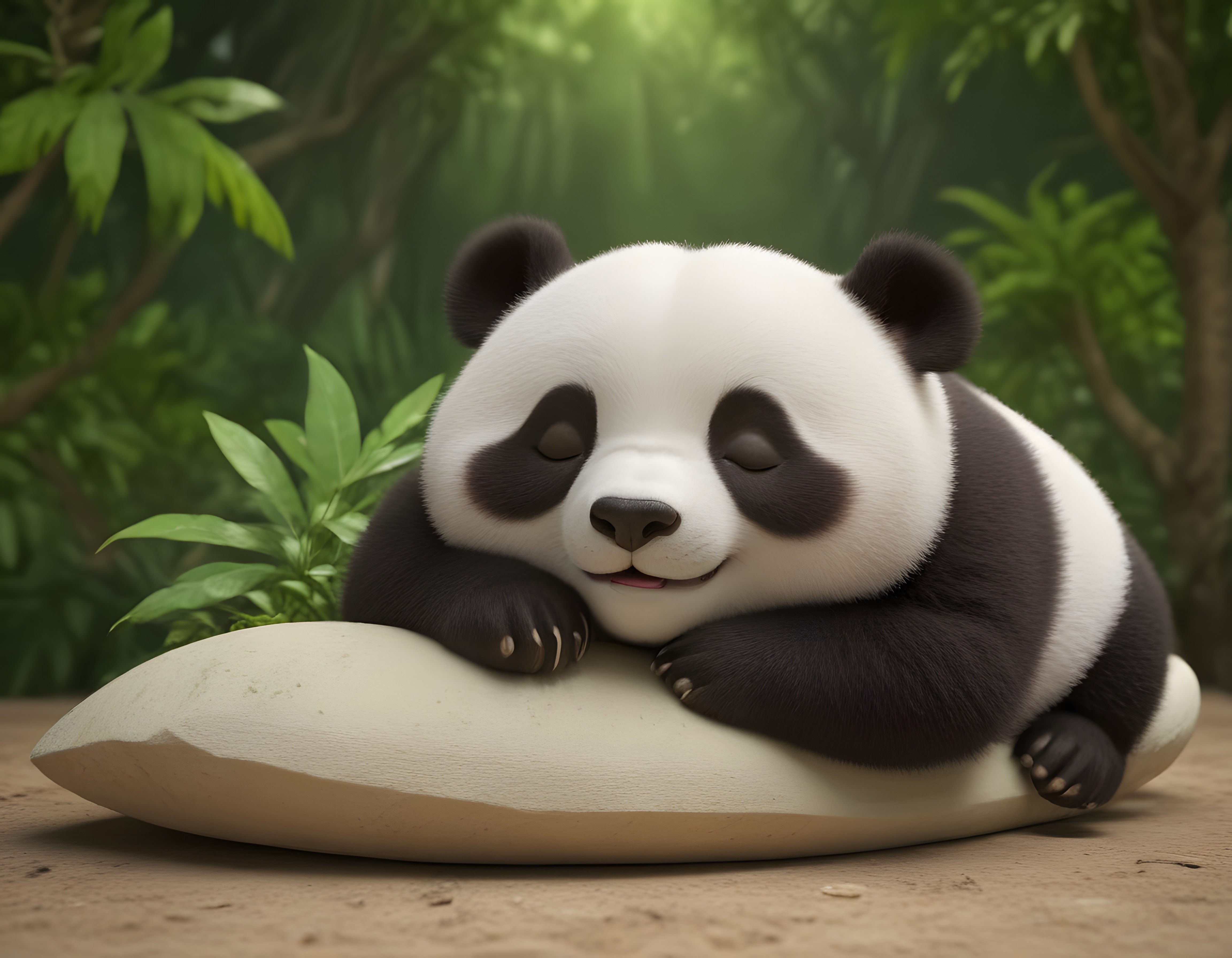 Sevimli Panda Yavrusu Yastıkta Uyurken Huzurlu Bambu Orman Manzarası