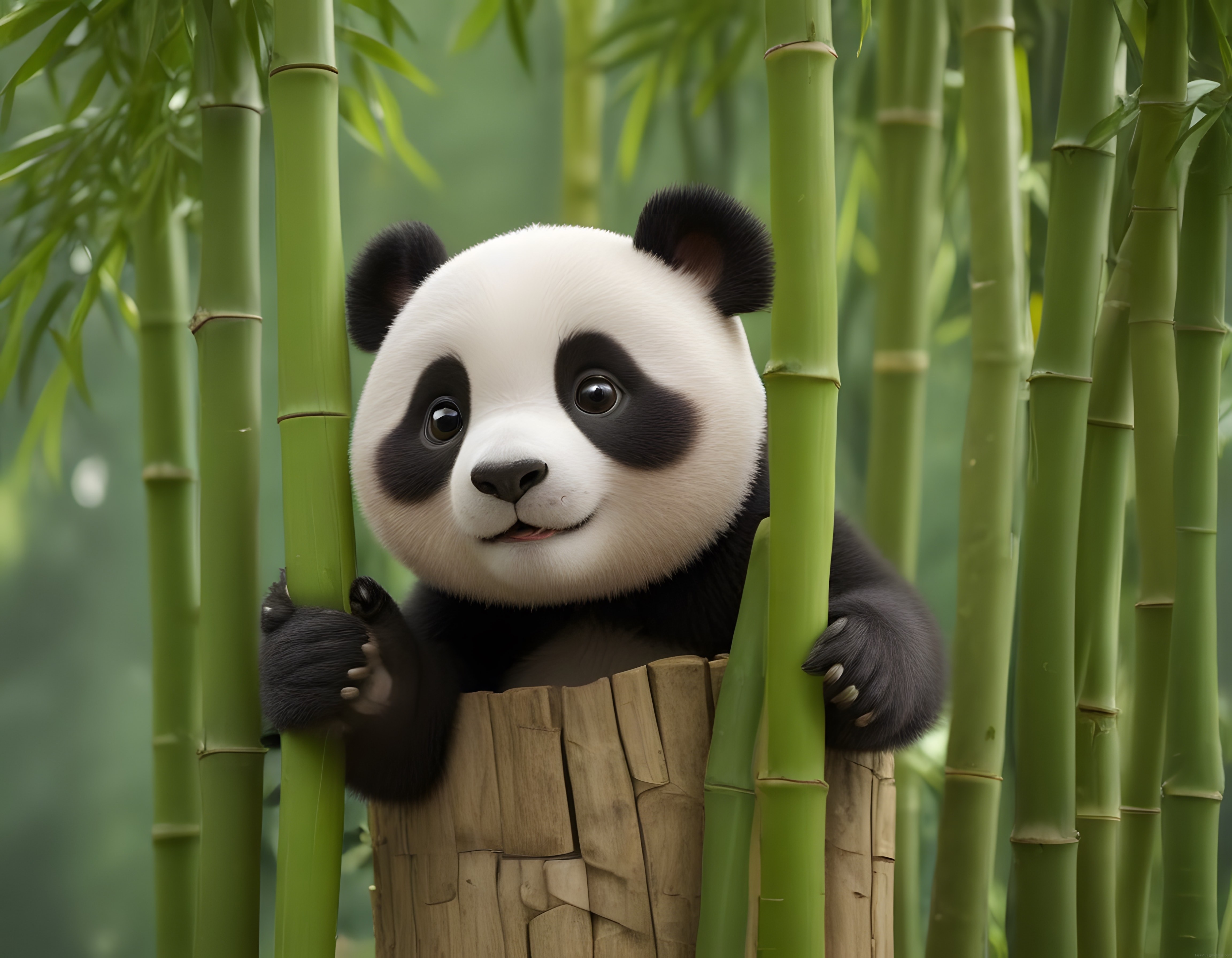 Sevimli Panda Yavrusu Yeşil Bambuların Arasından Masumane Bakıyor