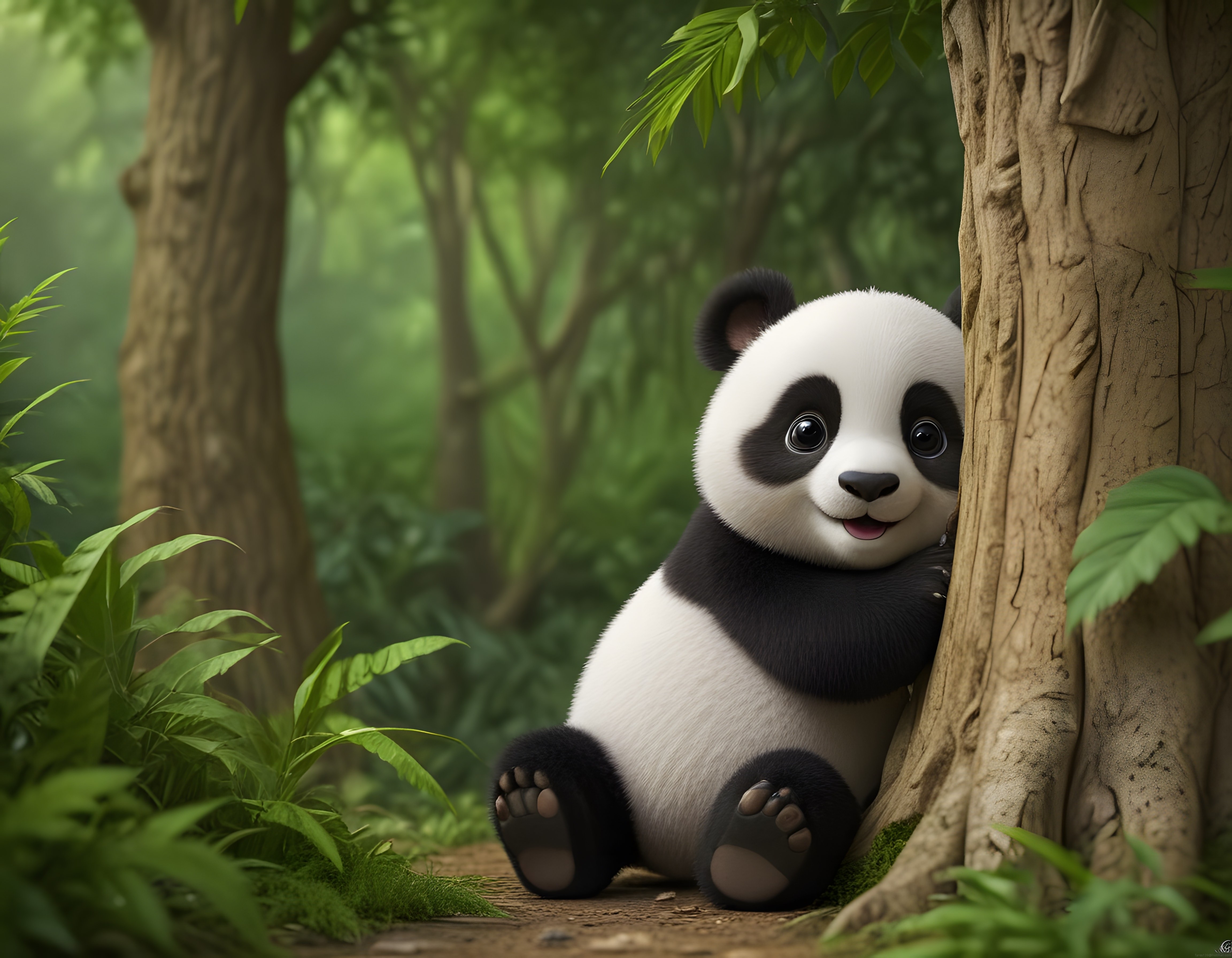 Sevimli Panda Yavrusunun Yeşil Ormandaki Masalsı ve Huzurlu Anı