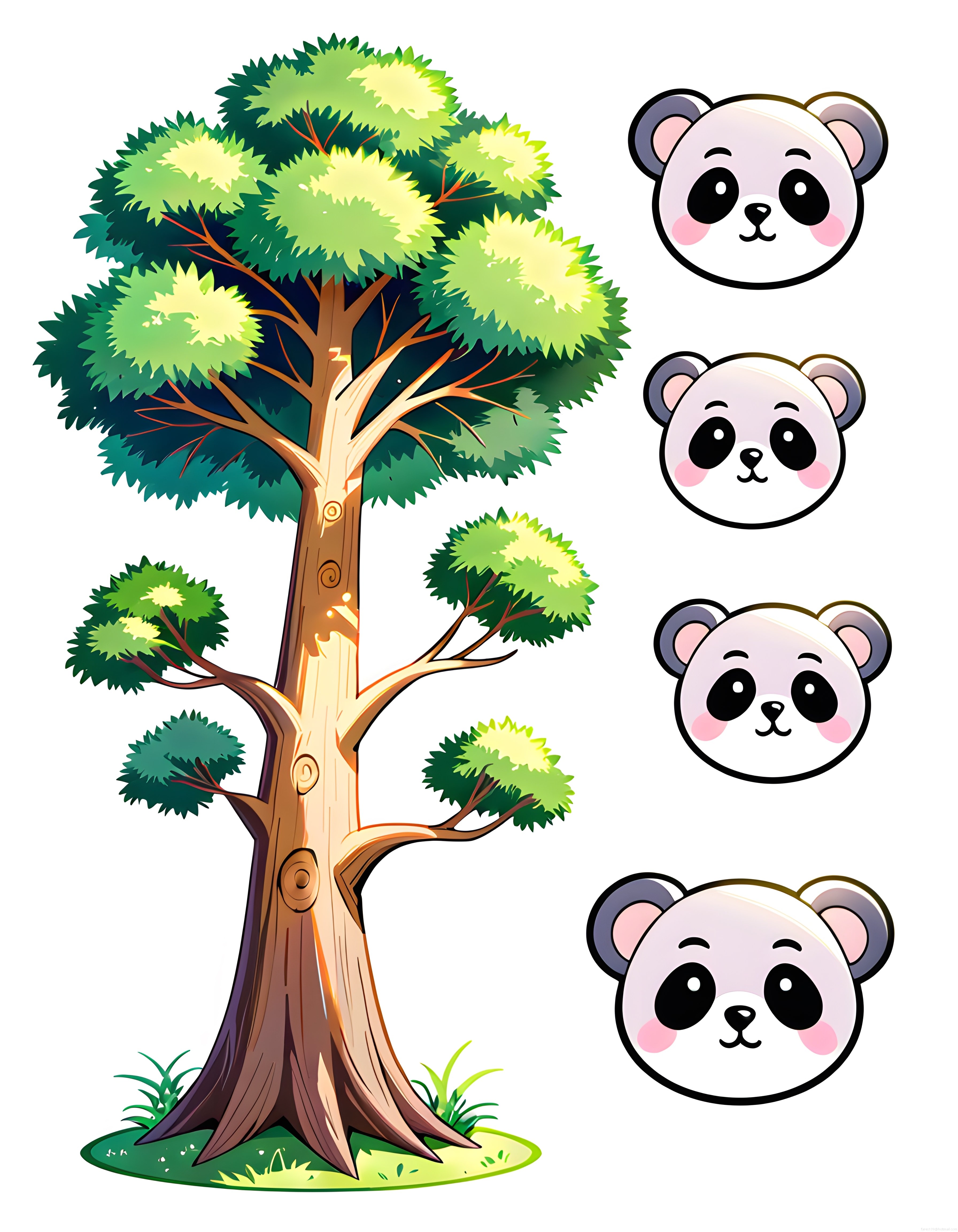Sevimli Panda Yüzleri ve Yeşil Karikatür Ağacı Çocuk Odası İllüstrasyonu