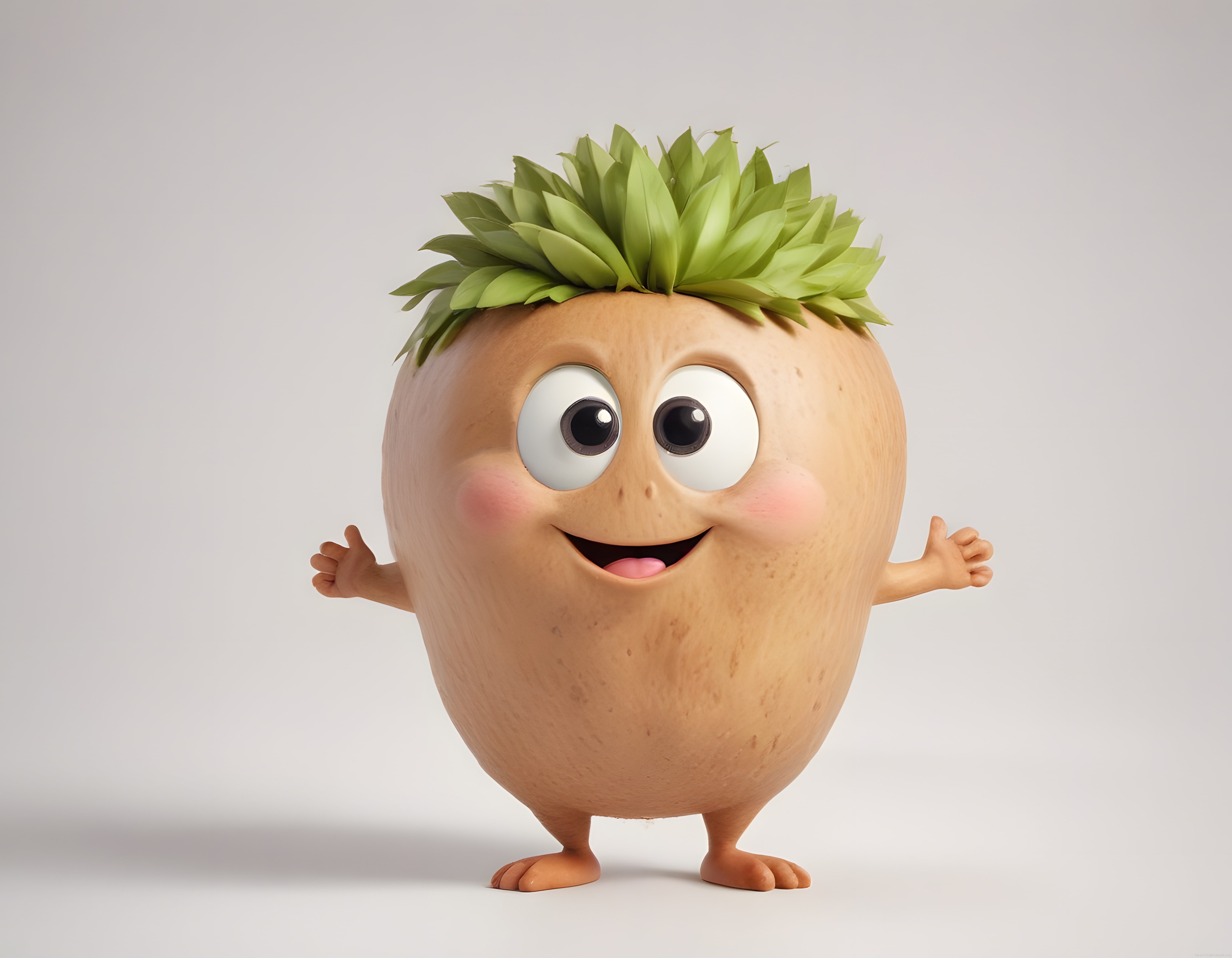 Sevimli Patates Karakter: Yaprak Saçlı, Büyük Gözlü 3D Animasyon Maskot