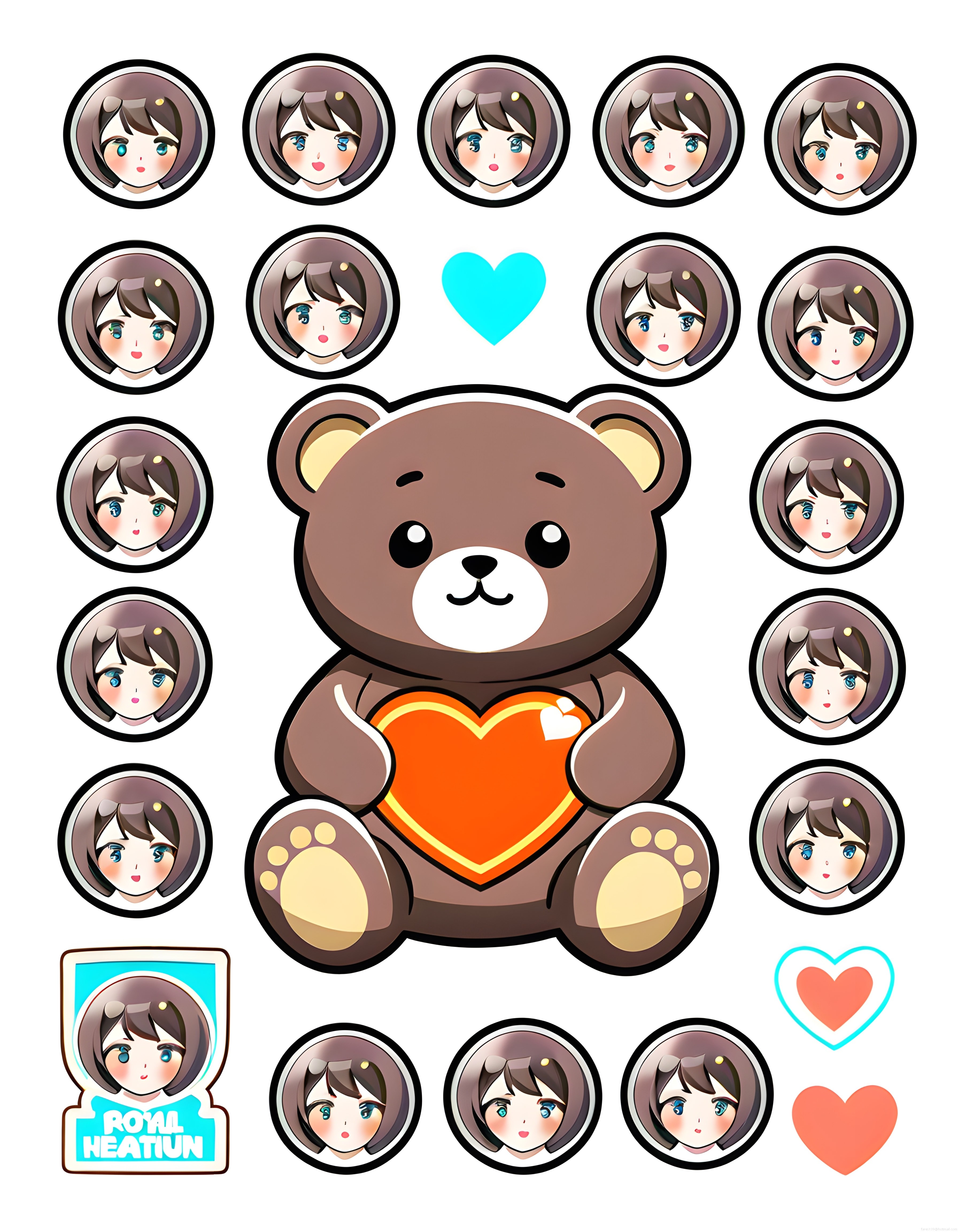 Sevimli Pelüş Ayı ve Anime Kız Yüzlerinden Oluşan Kawaii Sticker Tasarımı