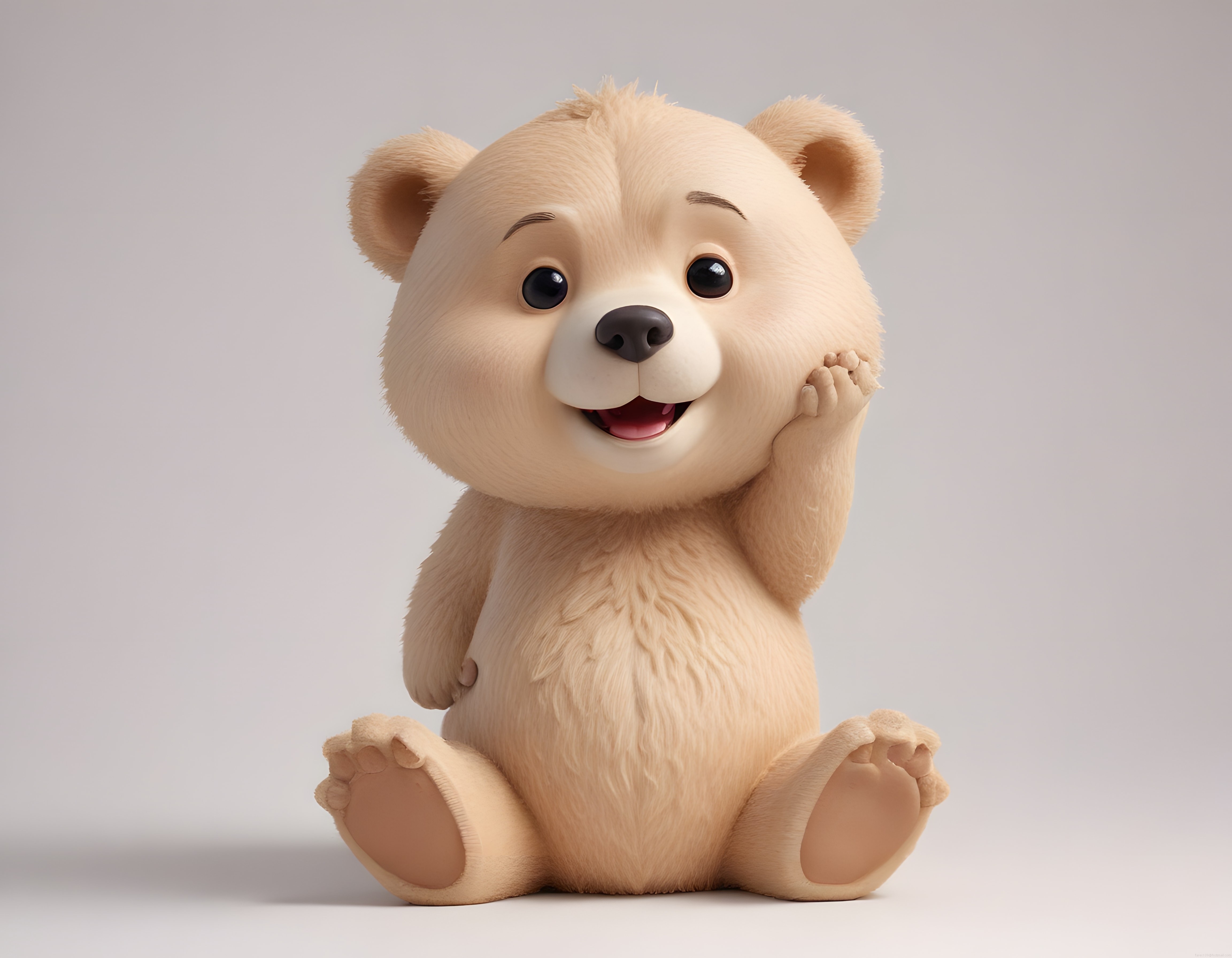 Sevimli peluş görünümlü 3d ayıcık karakteri mutlu ifadesiyle otururken
