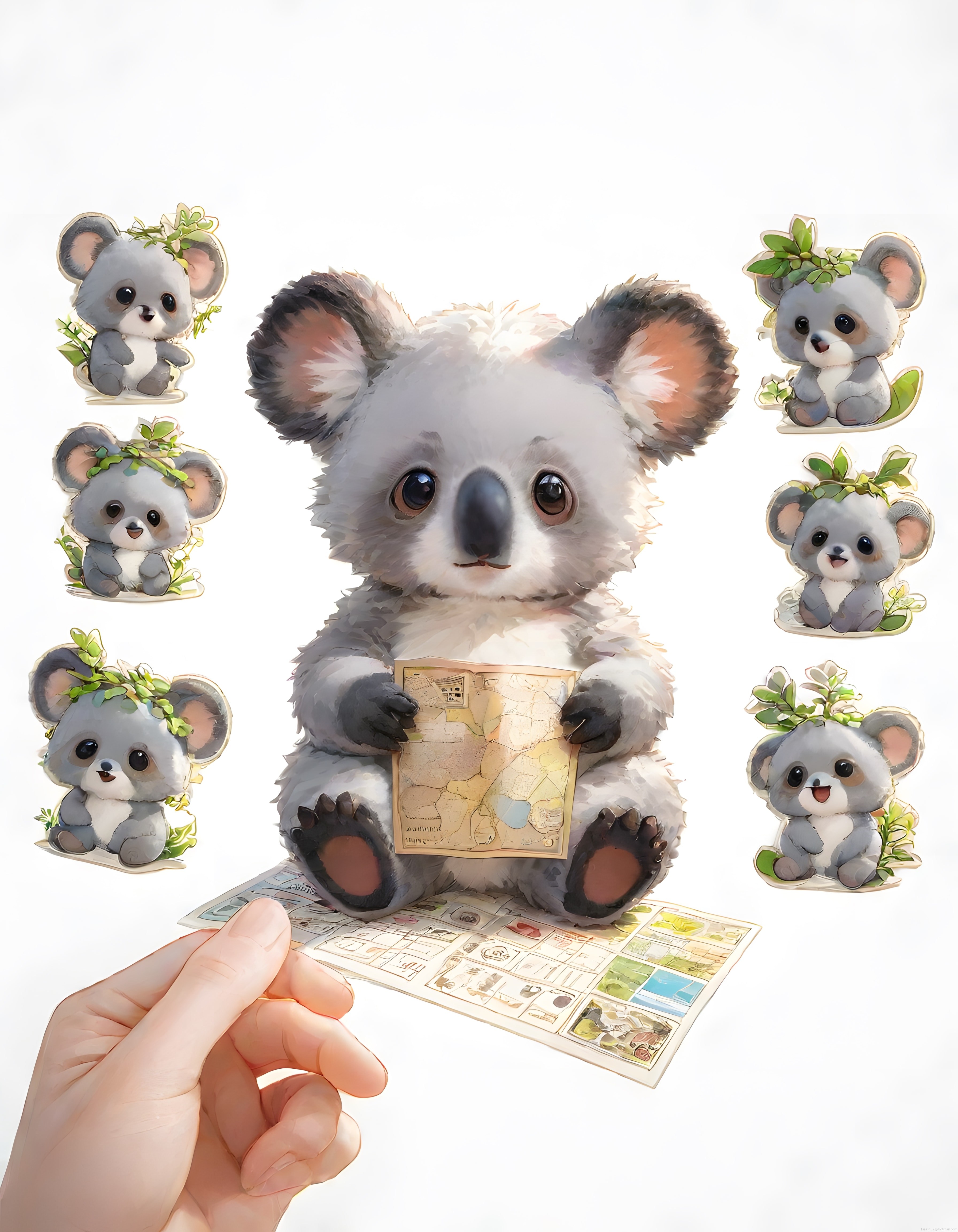 sevimli peluş koala haritayla gezgin sticker seti ve oyuncak tasarımı