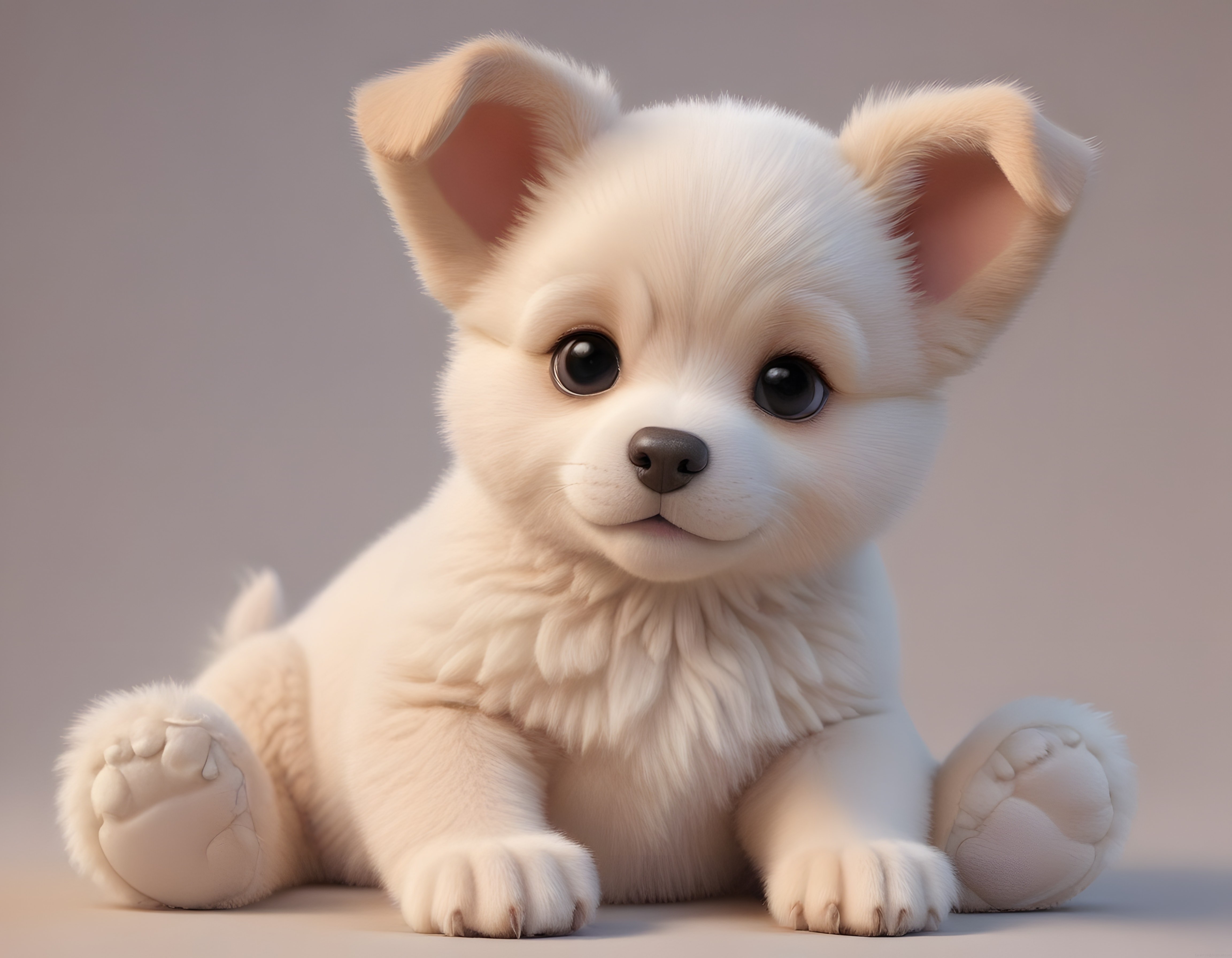 Sevimli pelüş krem beyaz köpek yavrusu büyük gözlü 3d karakter tasarımı