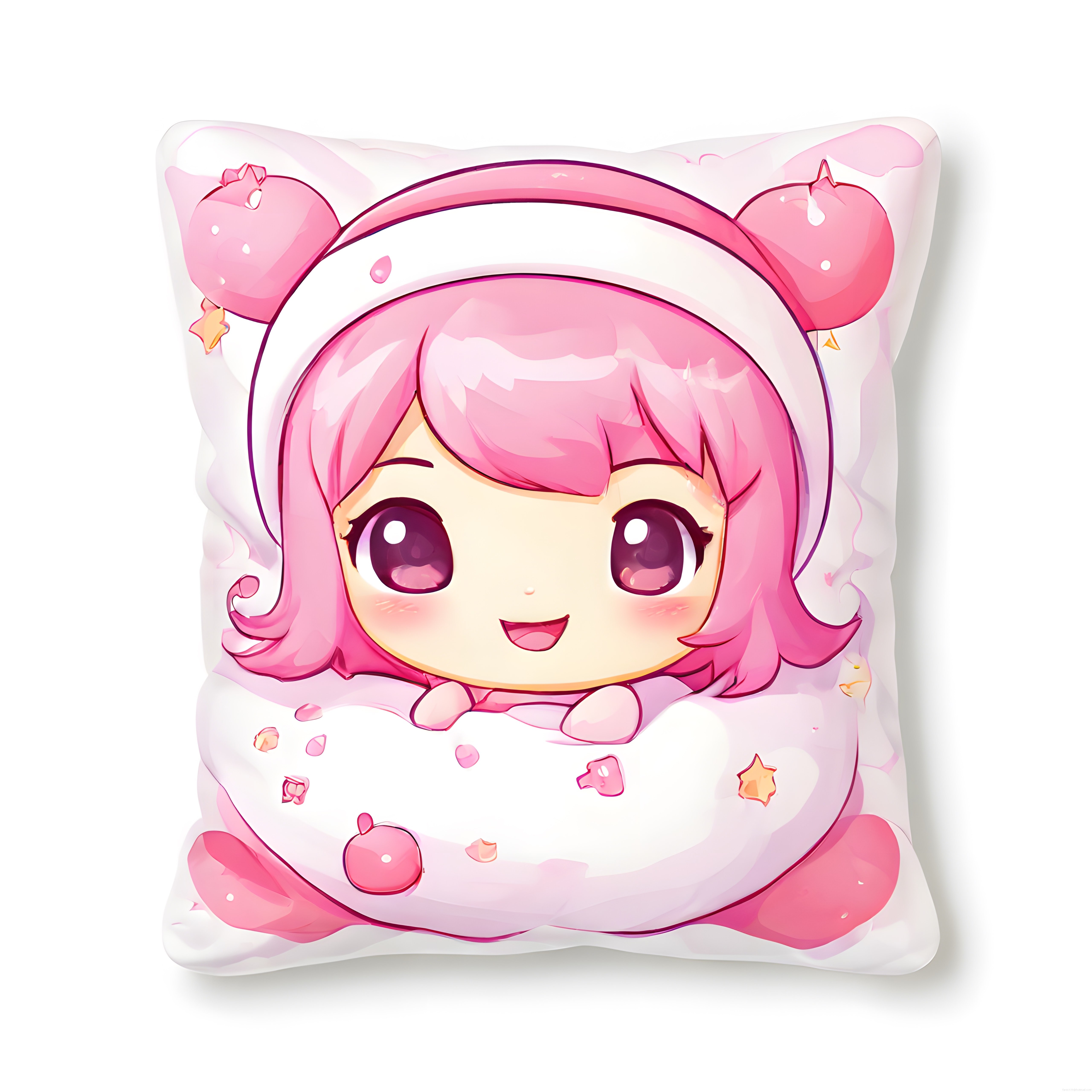 Sevimli Pembe Saçlı Anime Kız Karakterli Kedi Kulak Dekoratif Yastık Kılıfı