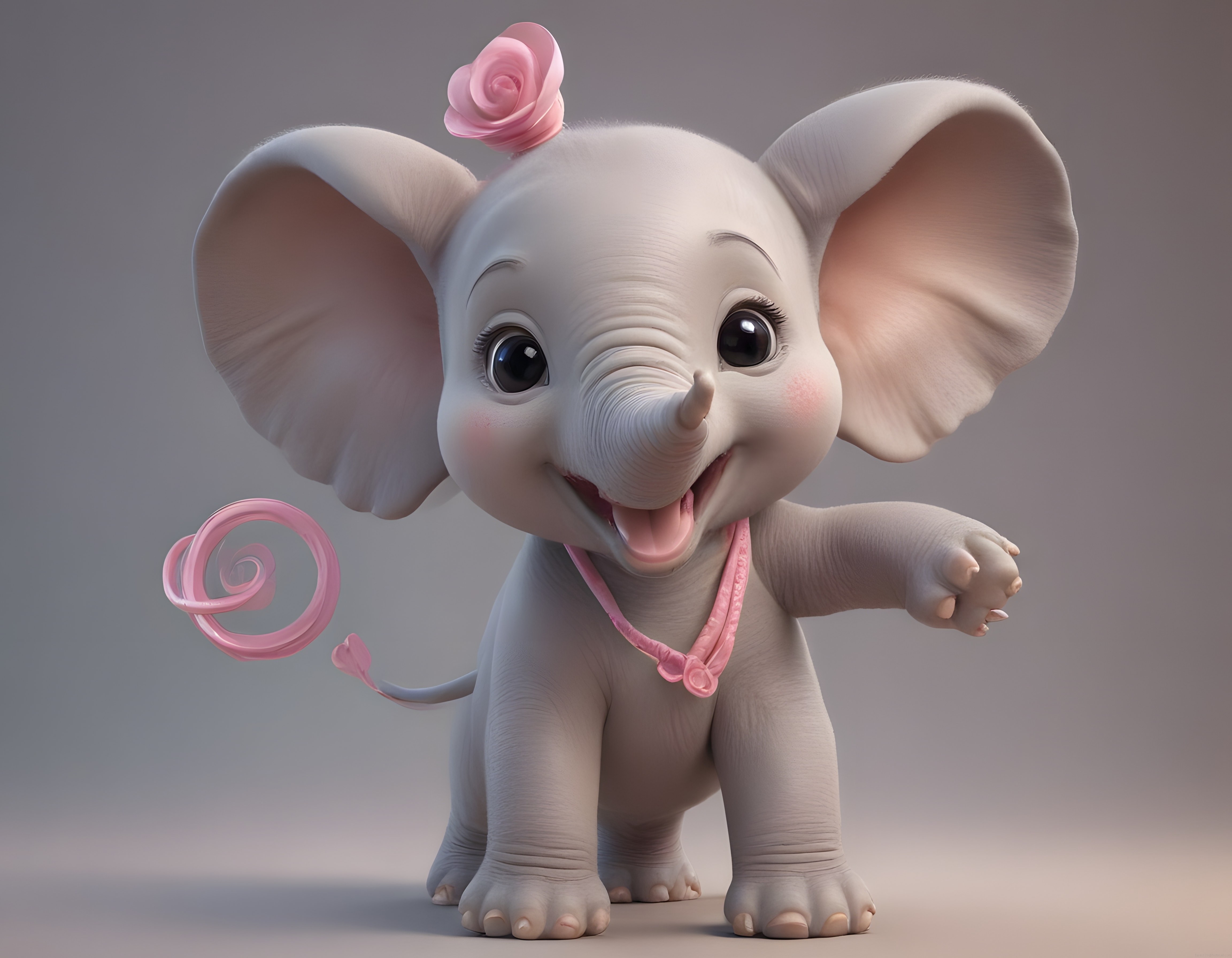 Sevimli Pembe Süslerle Süslenmiş 3D Bebek Fil Karakteri ve Mutlu İfadesi
