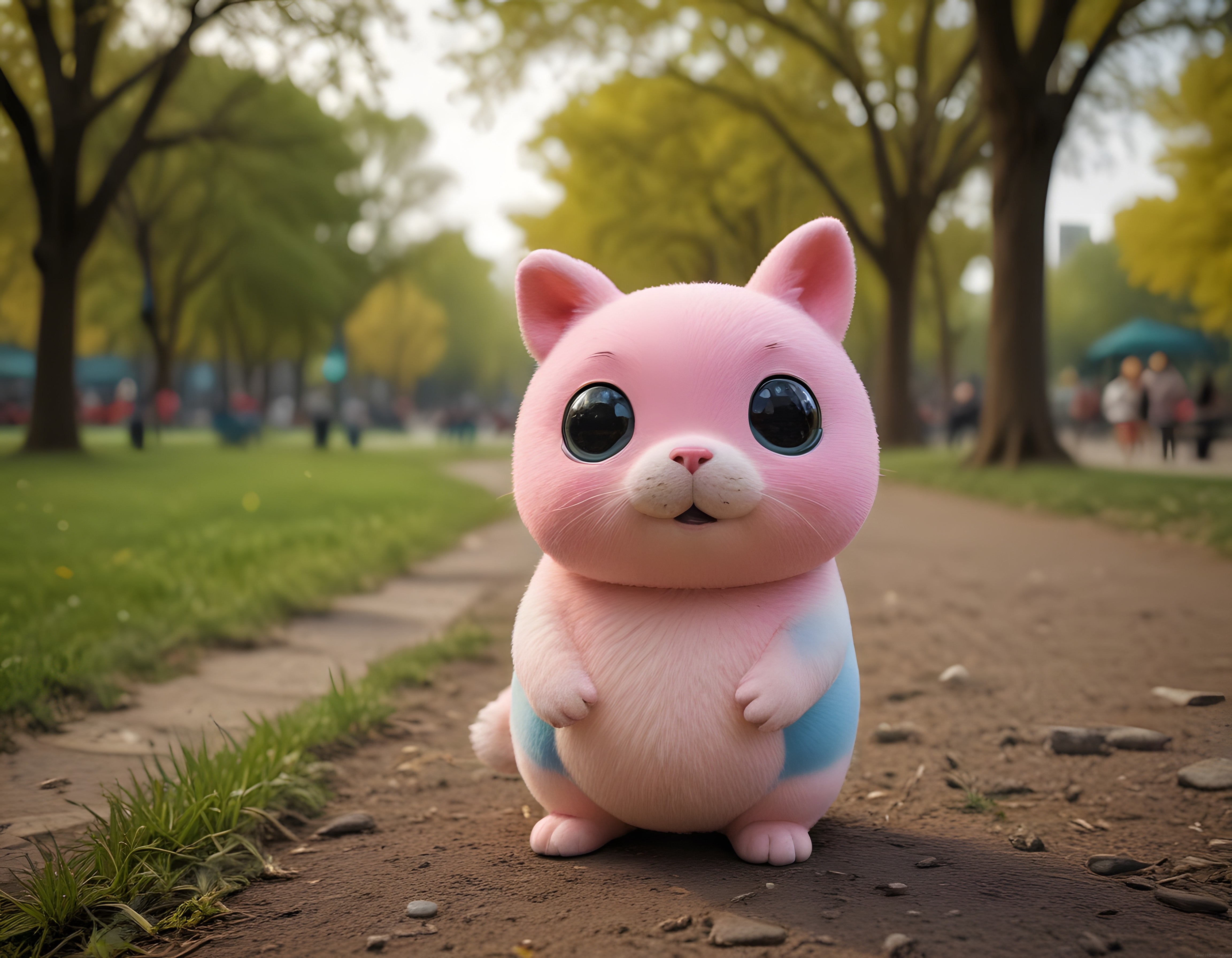 Sevimli pembe tüylü fantastik karakter sonbahar parkında yürüyüşte