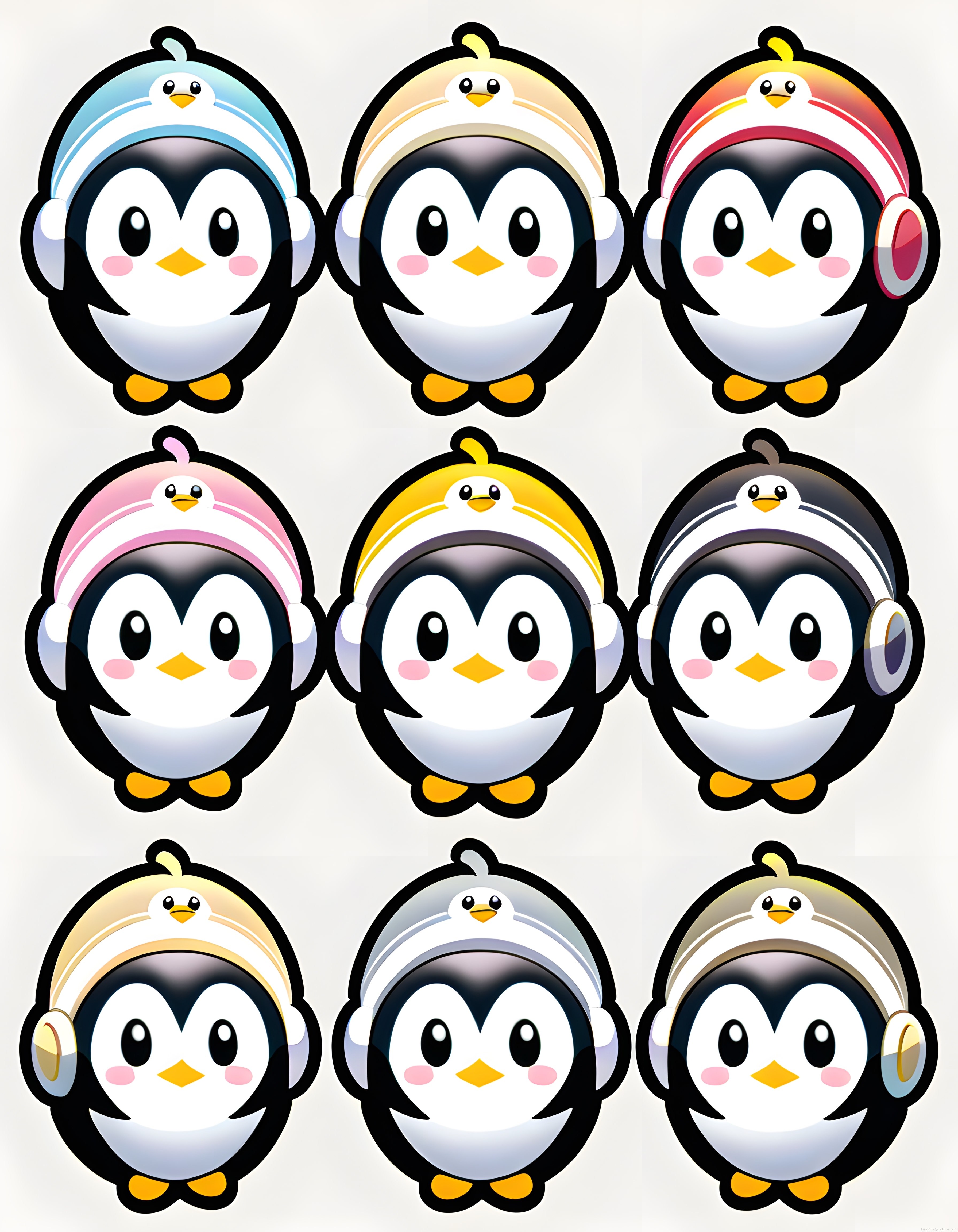 Sevimli Penguen Karakterleri: Kulaklıklı Renkli Avatar ve Dijital Sticker Seti