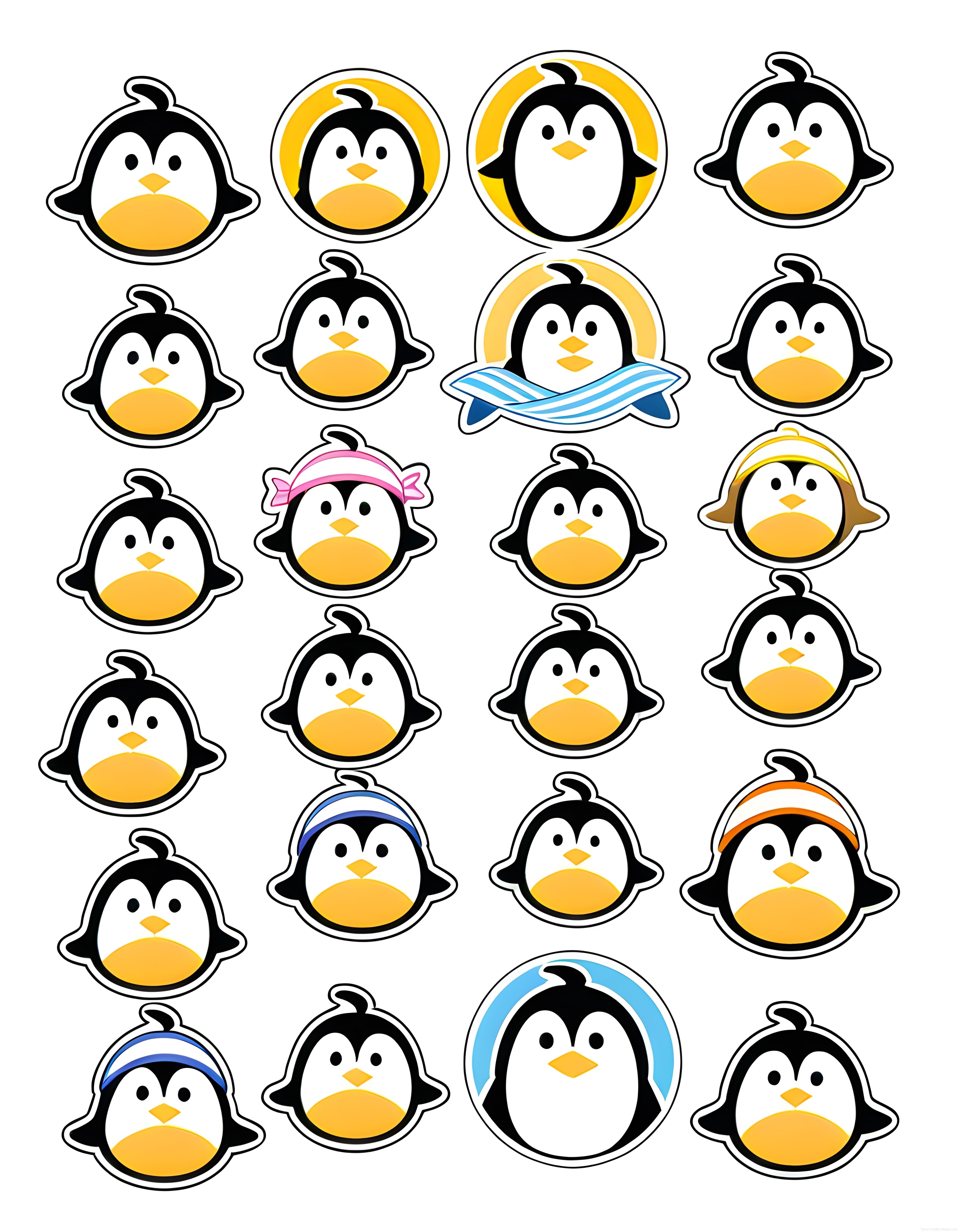 Sevimli Penguen Sticker ve İkon Seti: Renkli Aksesuarlı Karakter Çizimleri