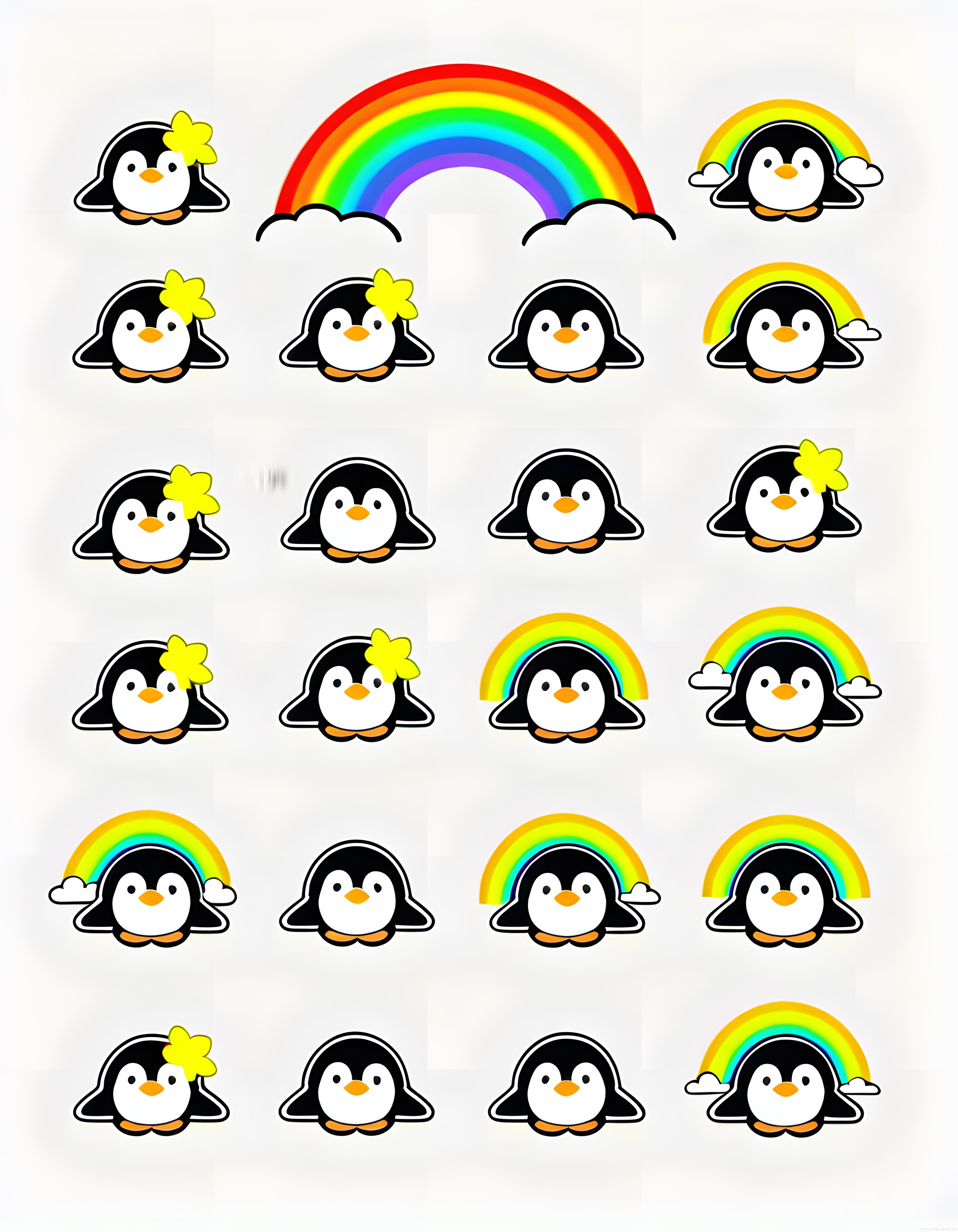 Sevimli Penguen ve Gökkuşağı Temalı Renkli Dijital Sticker Koleksiyonu