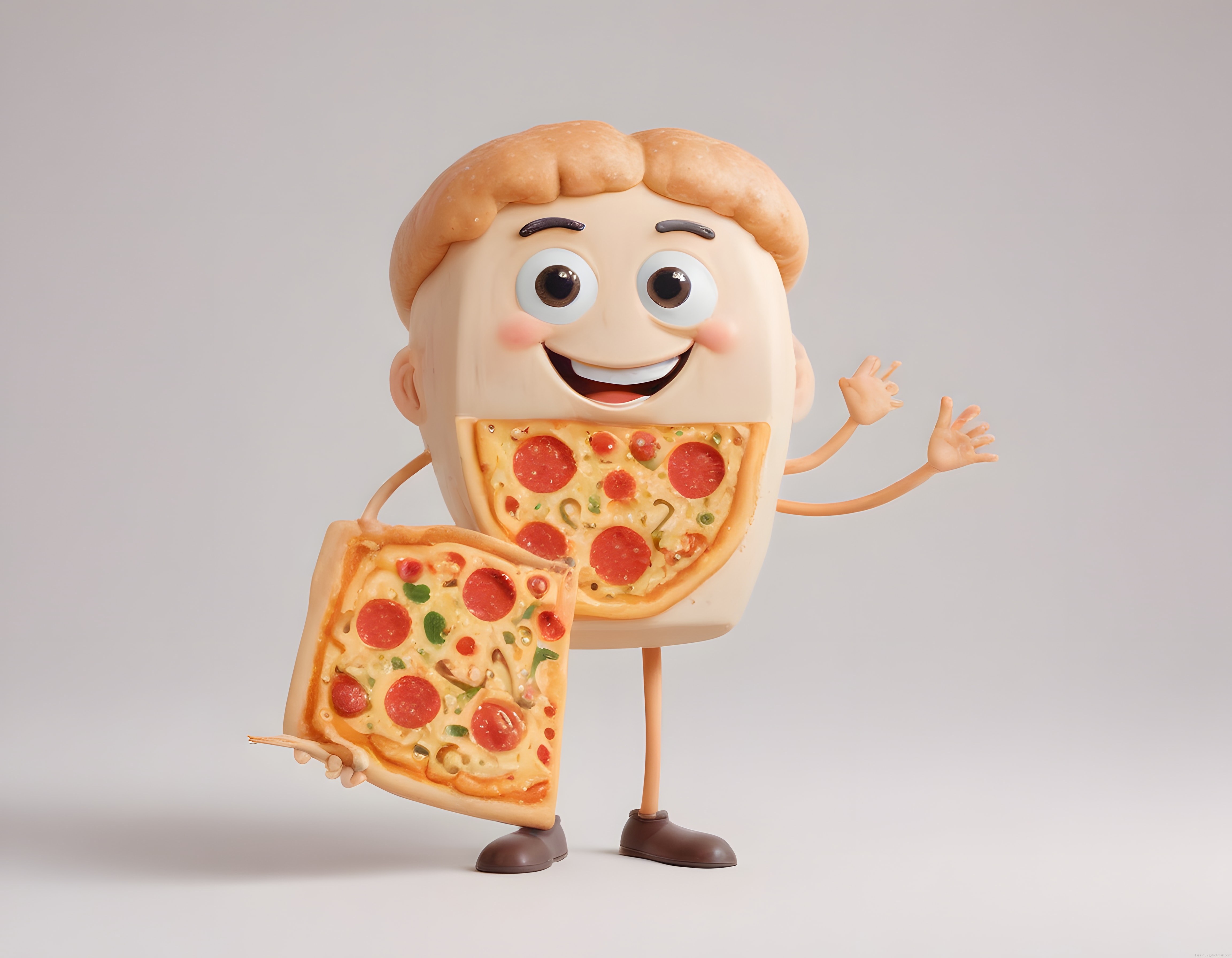 Sevimli Pizza Kutusu Karakteri Elinde Sucuklu Dilim Pizza Tutuyor ve Gülümsüyor