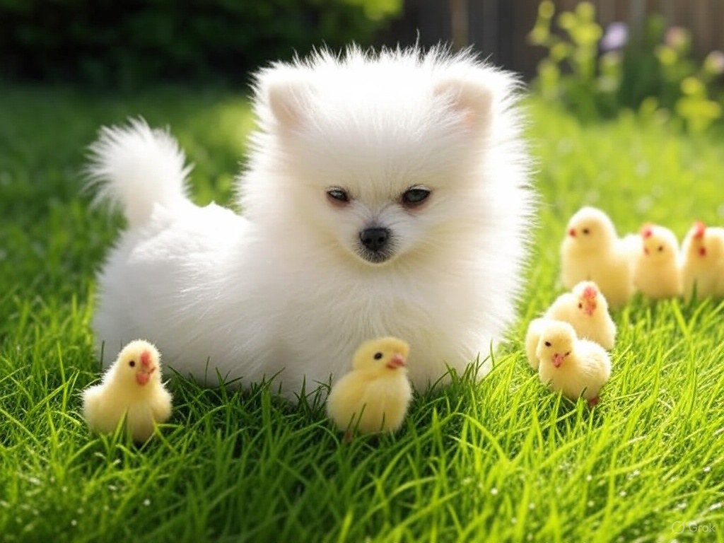 Sevimli Pomeranian Köpek Yavrusu ve Civcivlerin Çimenlikte Tatlı Anları