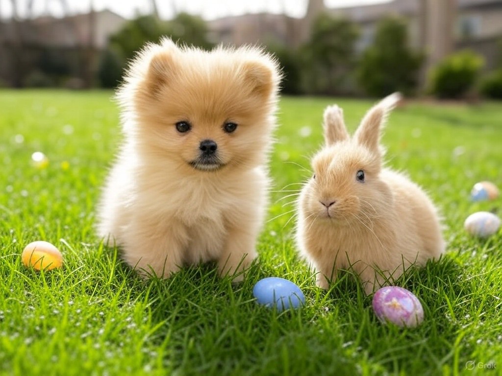 Sevimli Pomeranian Yavrusu ve Bej Tavşan Paskalya Yumurtalarıyla Çimenlikte