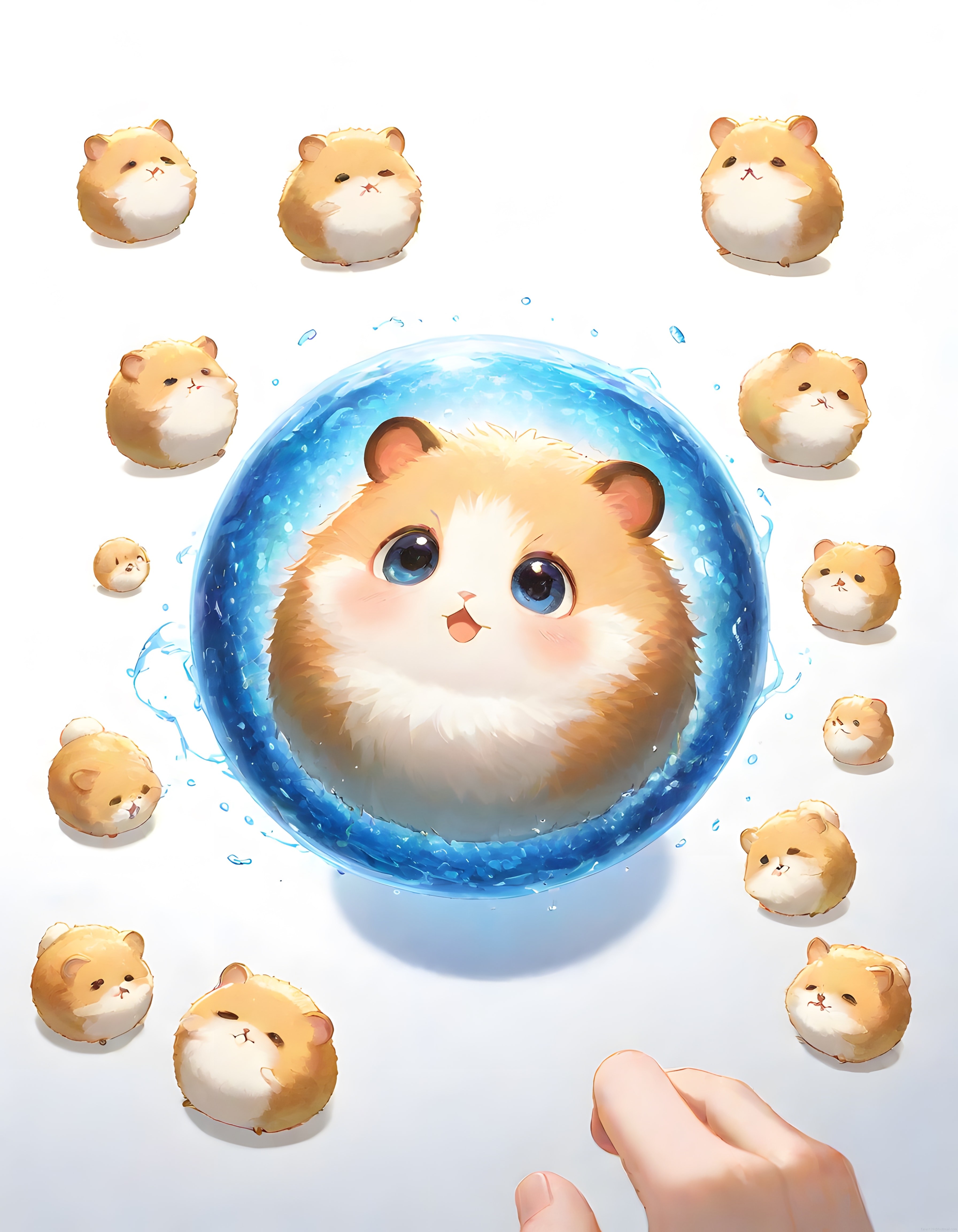 Sevimli Ponpon Hamster ve Su Küresi: Anime Stil Dijital Sanat İllüstrasyonu