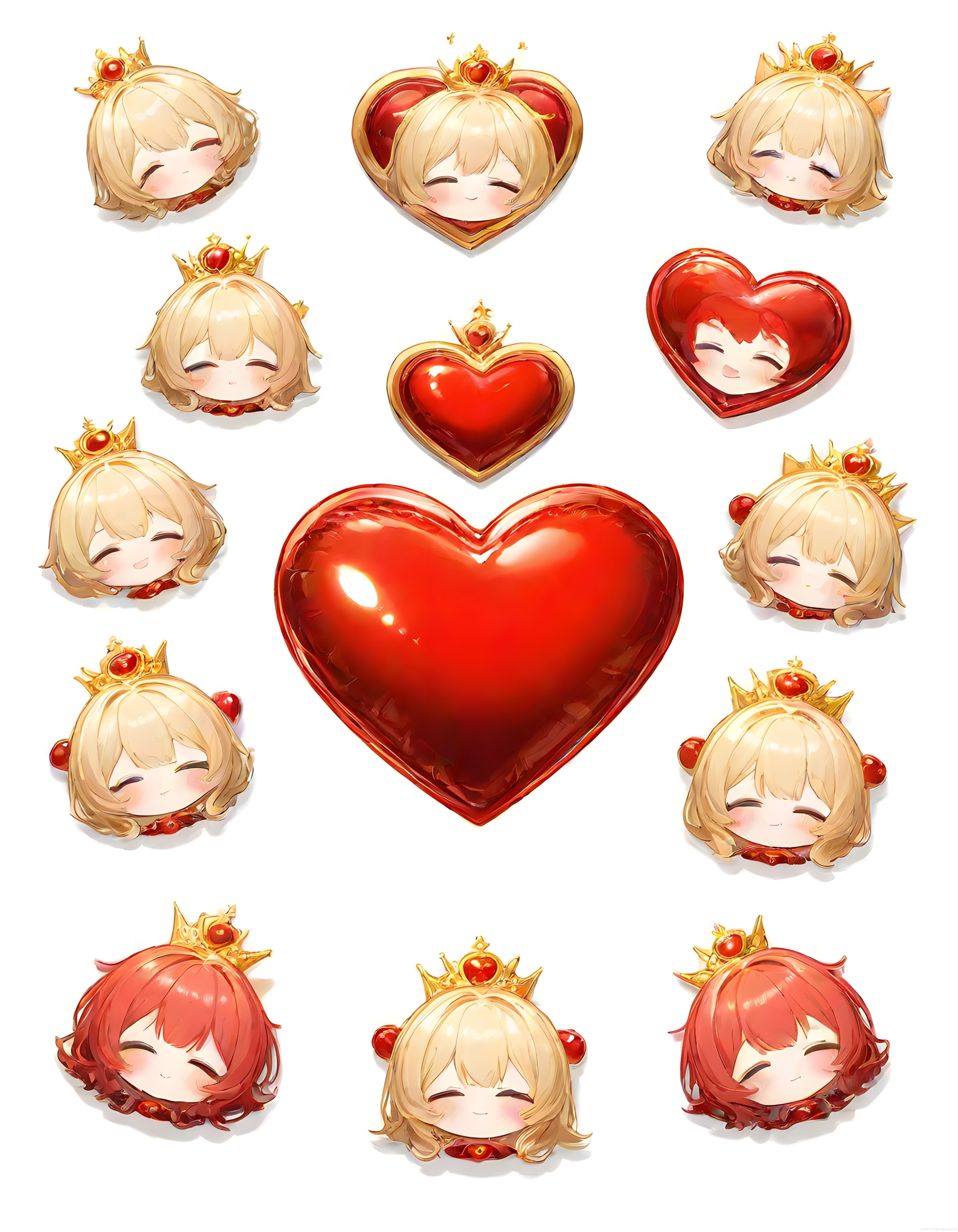 Sevimli Prenses Chibi Karakter ve Işıltılı Kırmızı Kalp Dijital Sticker Seti