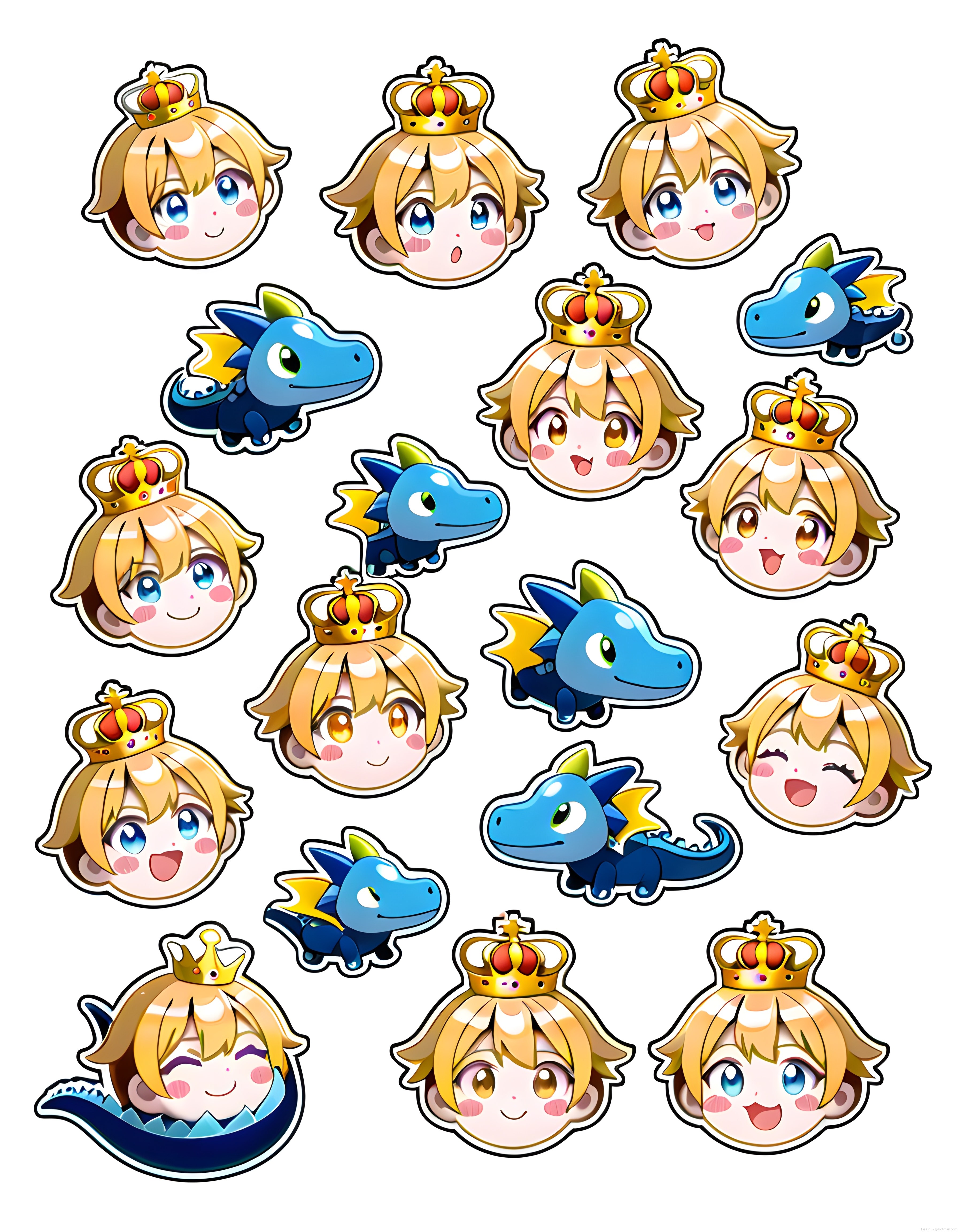 Sevimli prenses ve ejderha çibi anime sticker koleksiyonu, taçlı karakterler