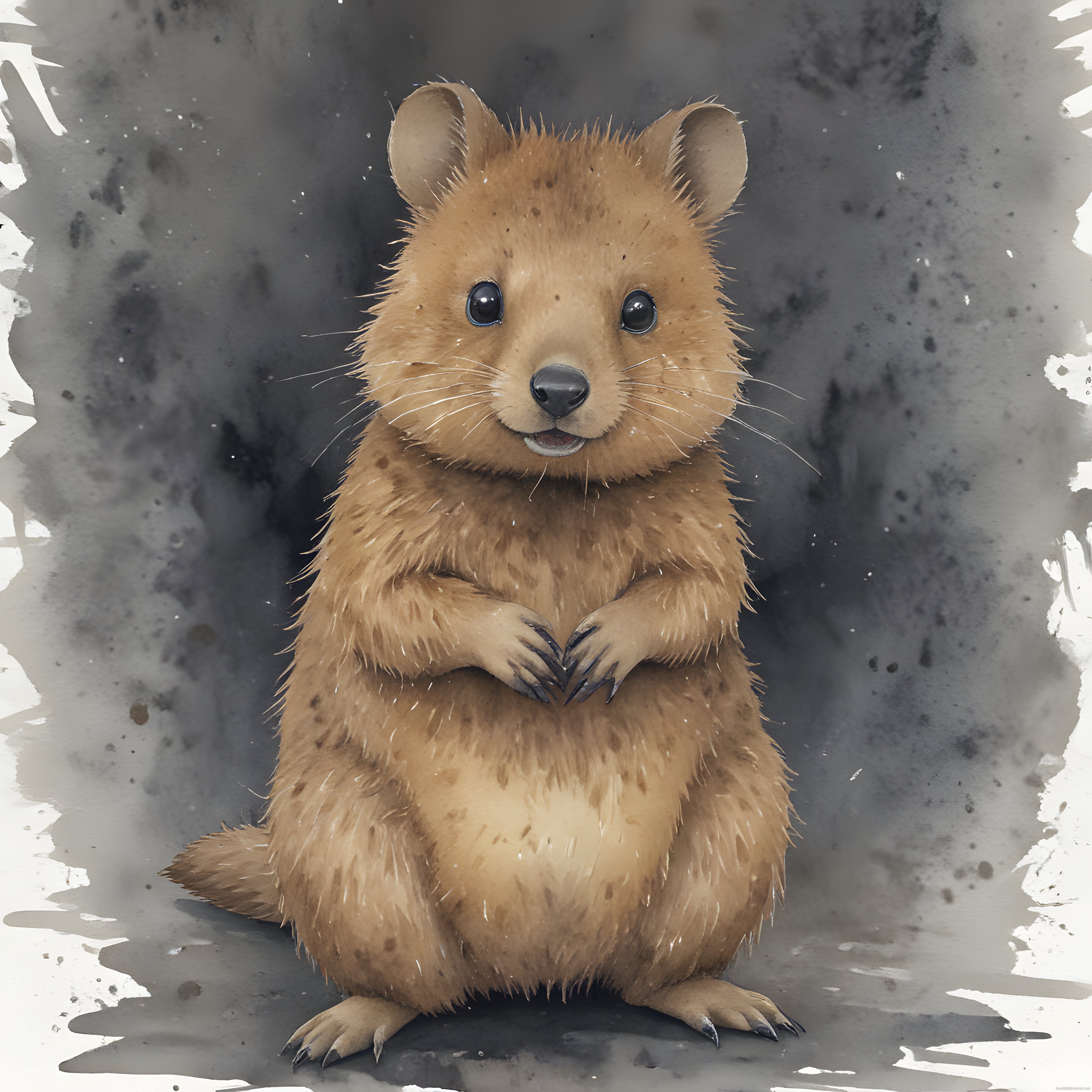 Sevimli Quokka Portresi: Suluboya Tarzında Gülümseyen Avustralya Memelisi