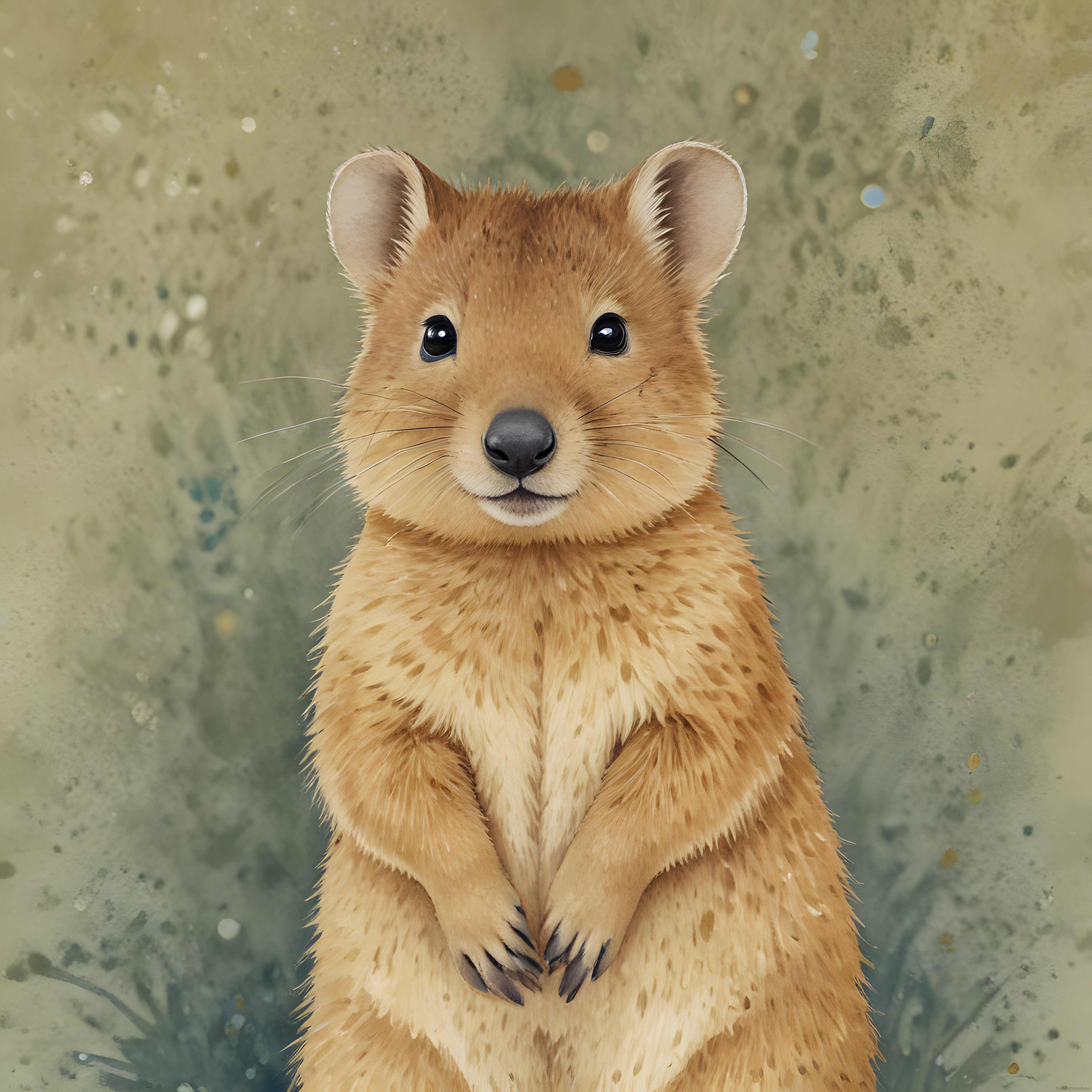 Sevimli Quokka Suluboya Portresi ve Yumuşak Bej Tonlu Nötr Arka Plan