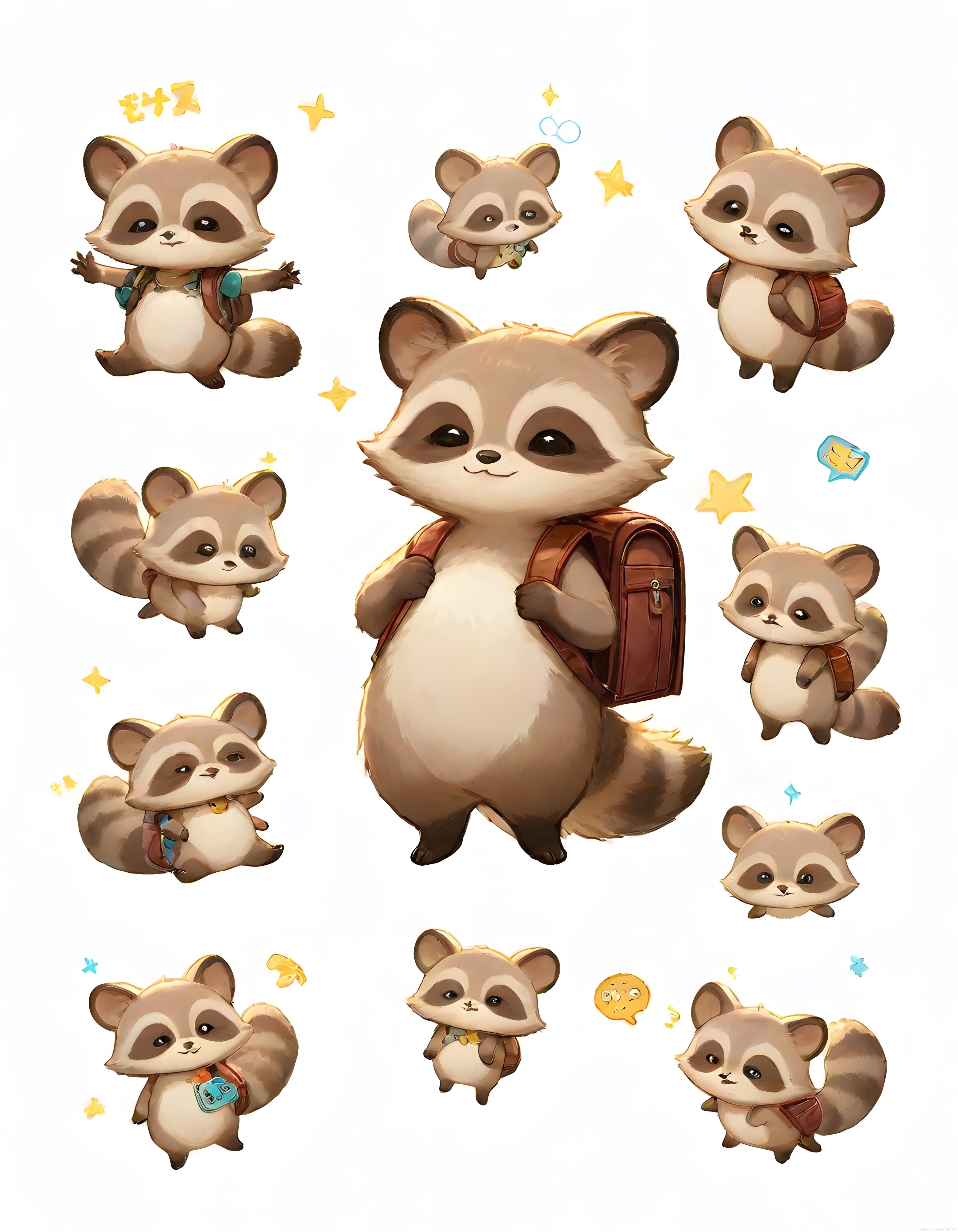 Sevimli Rakun Karakterleri: Sırt Çantalı Kawaii Dijital İllüstrasyon Seti