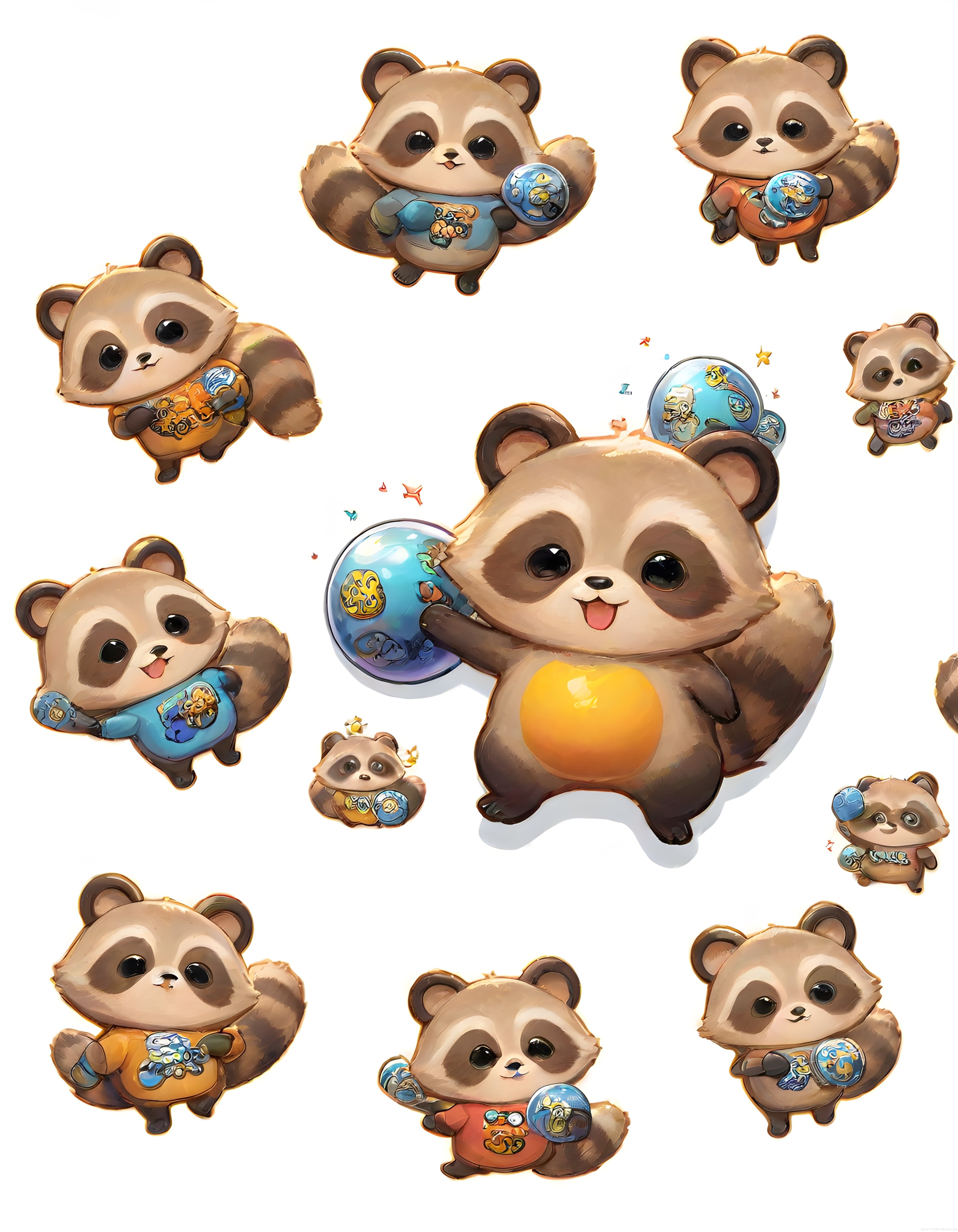Sevimli Rakun Karakterleri ve Renkli Dijital İllüstrasyon Sticker Seti
