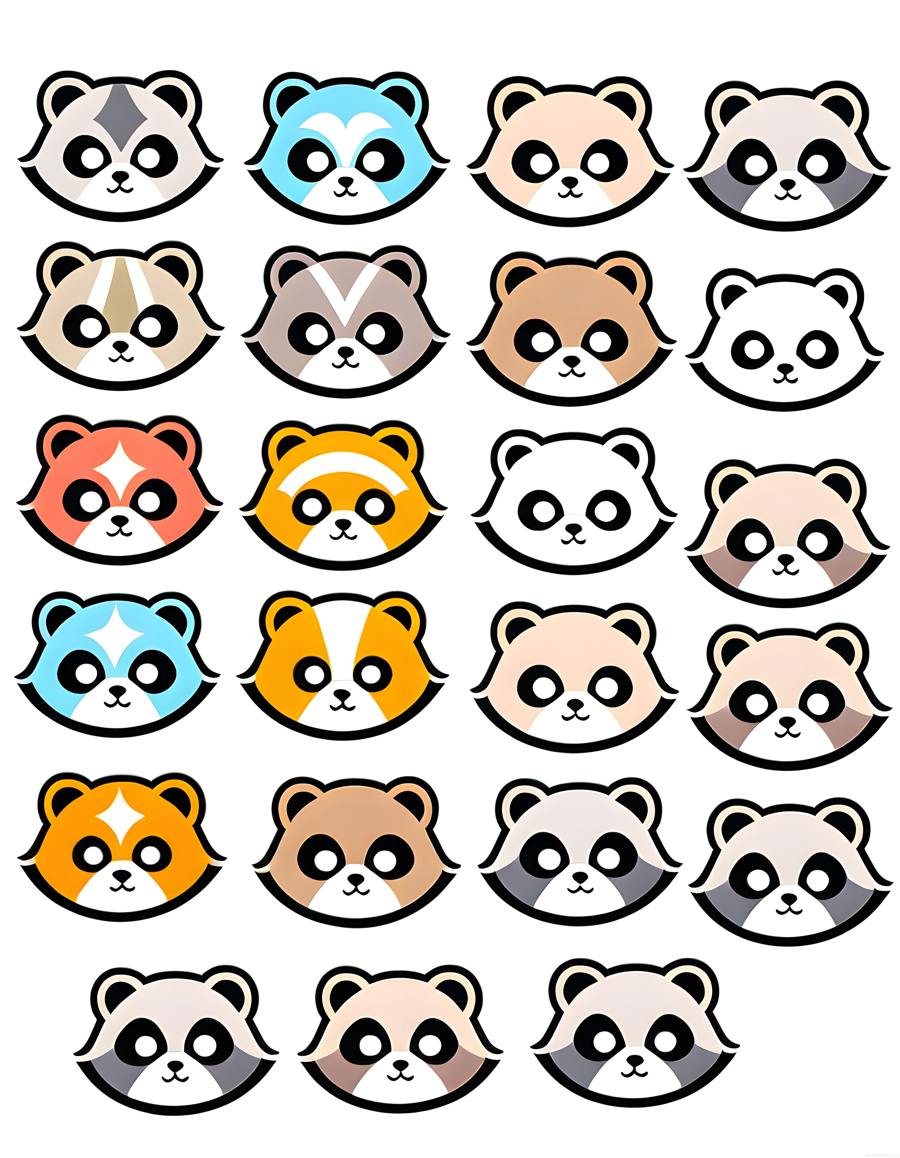 Sevimli rakun ve panda yüzleri renkli kawaii karikatür çizim seti