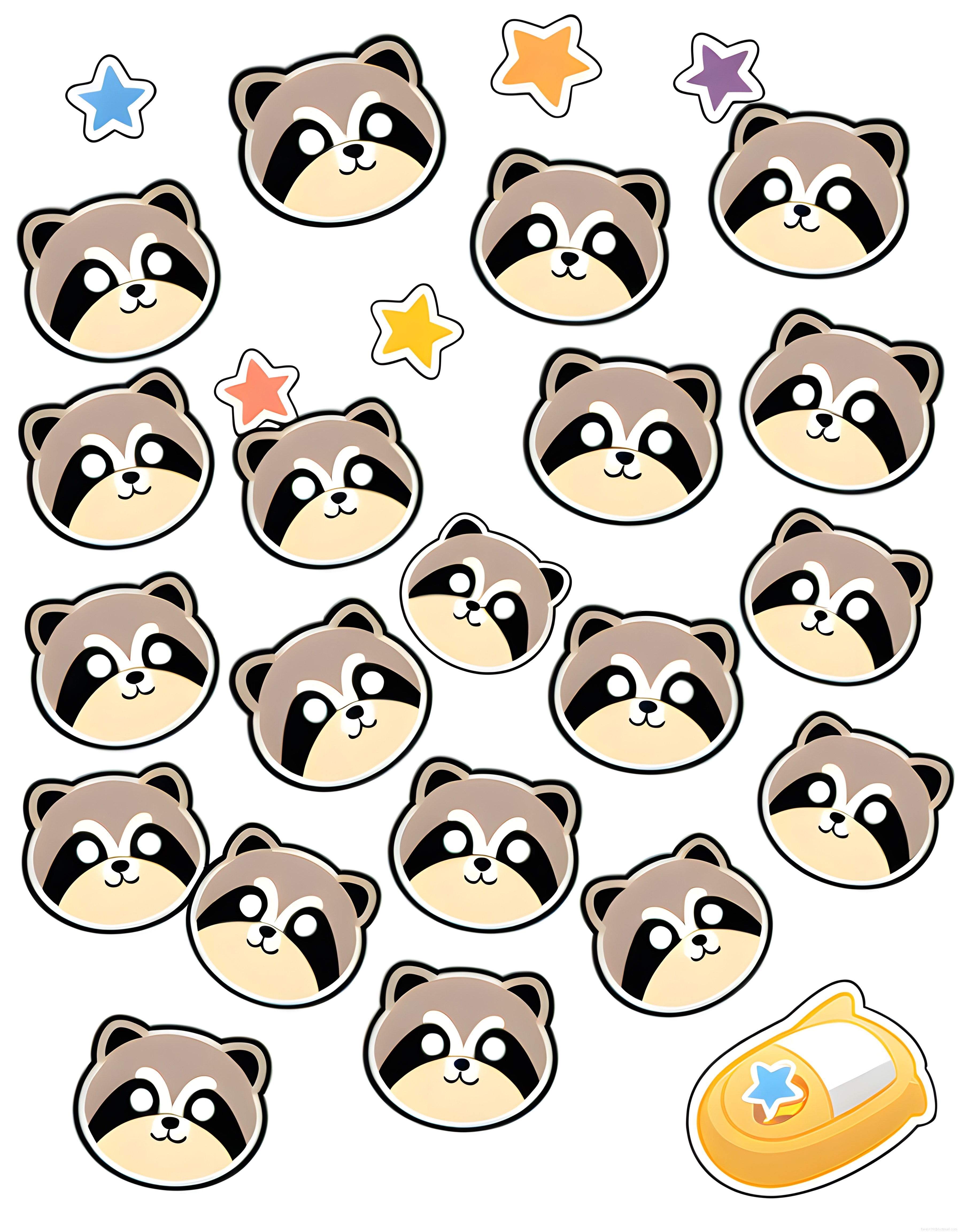 Sevimli Rakun Yüzleri ve Renkli Yıldızlar Kawaii Dijital Sticker Seti