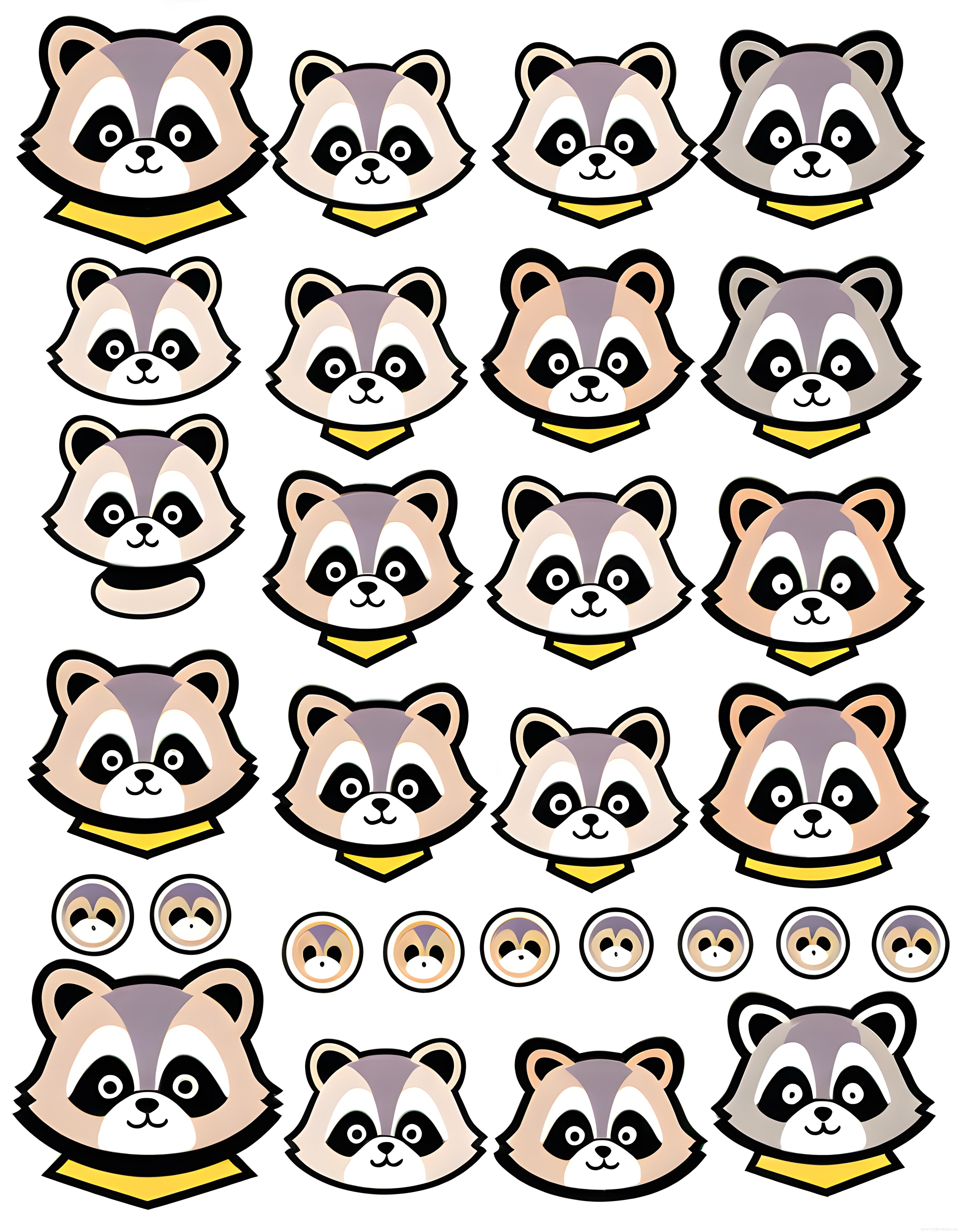 Sevimli Rakun Yüzleri Vektör Karakter Seti ve Kawaii Sticker Çıkartma Paketi