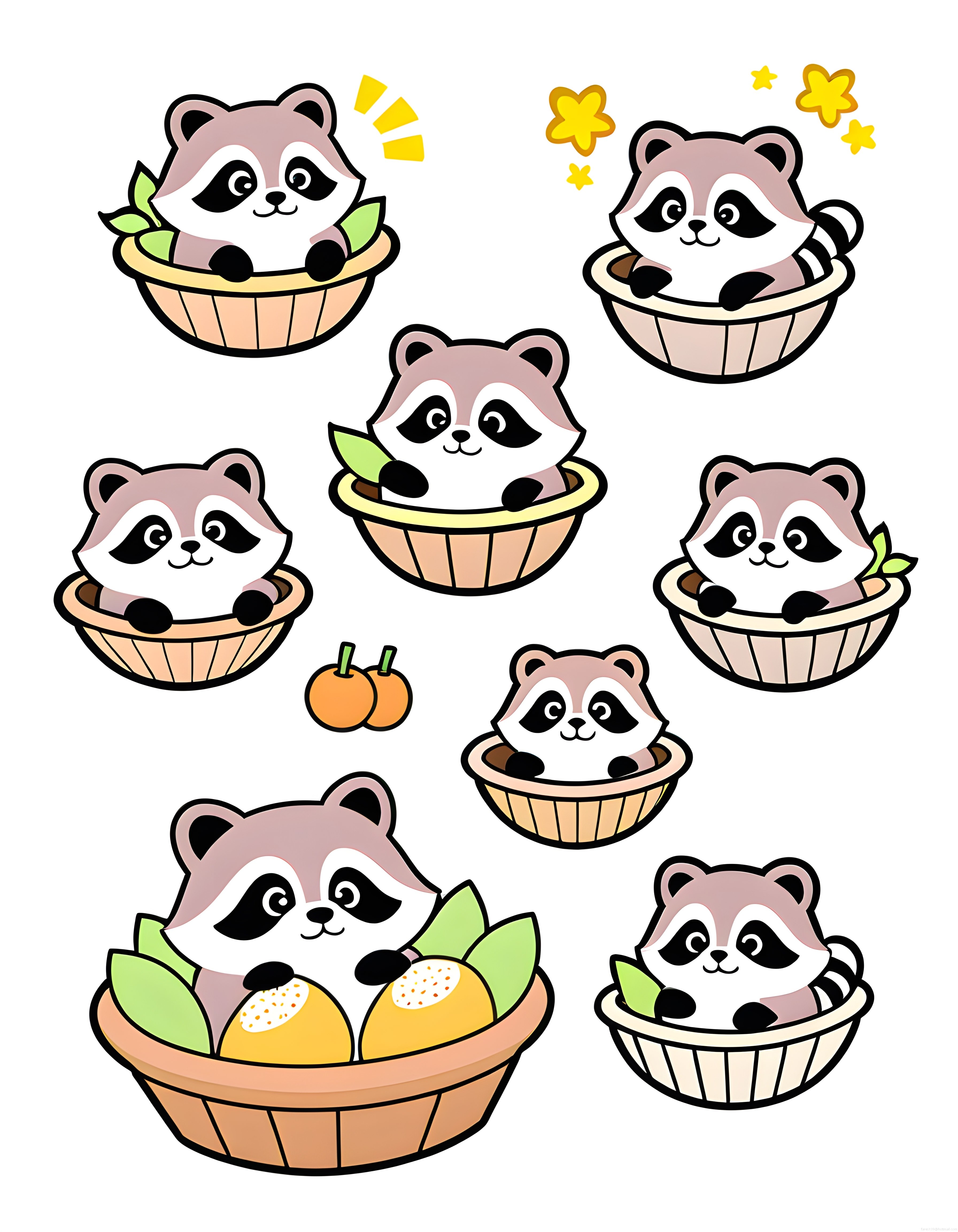 Sevimli Rakunlar Meyve Sepetlerinde: Kawaii Çizim ve Sticker Koleksiyonu