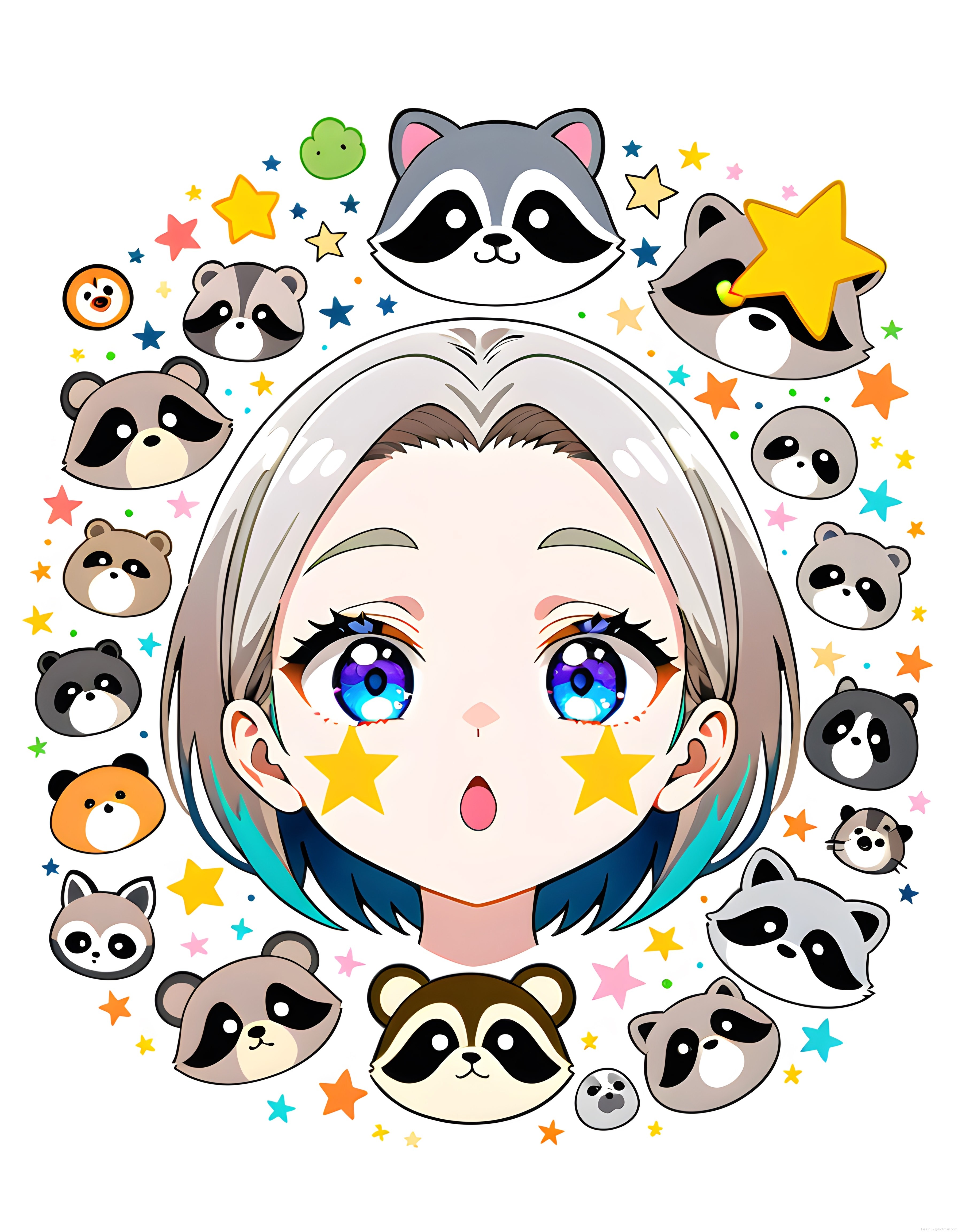 Sevimli rakunlar ve büyük gözlü anime kız ile renkli kawaii dijital illüstrasyon
