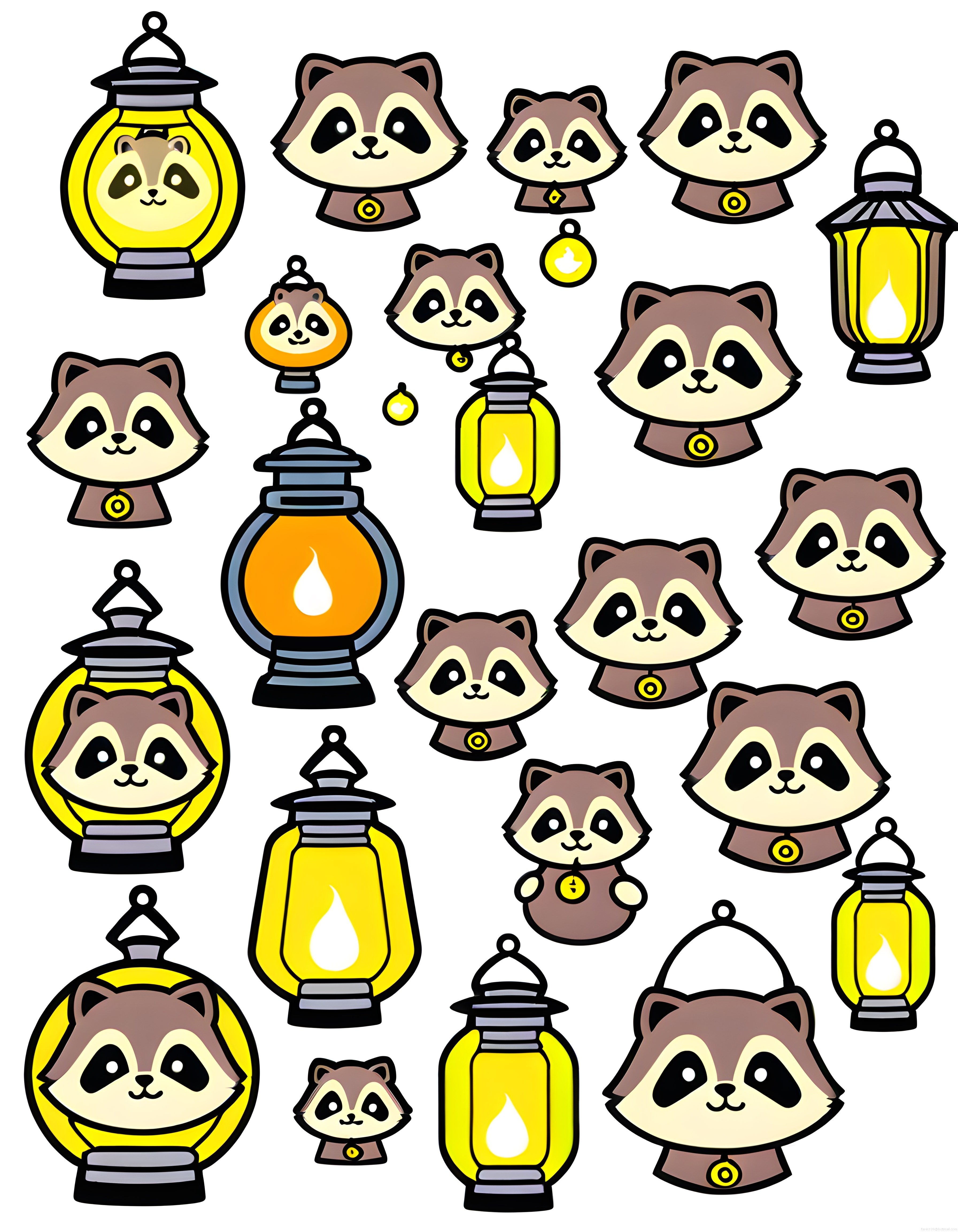 Sevimli Rakunlar ve Vintage Fenerler: Kawaii Dijital Sticker Seti