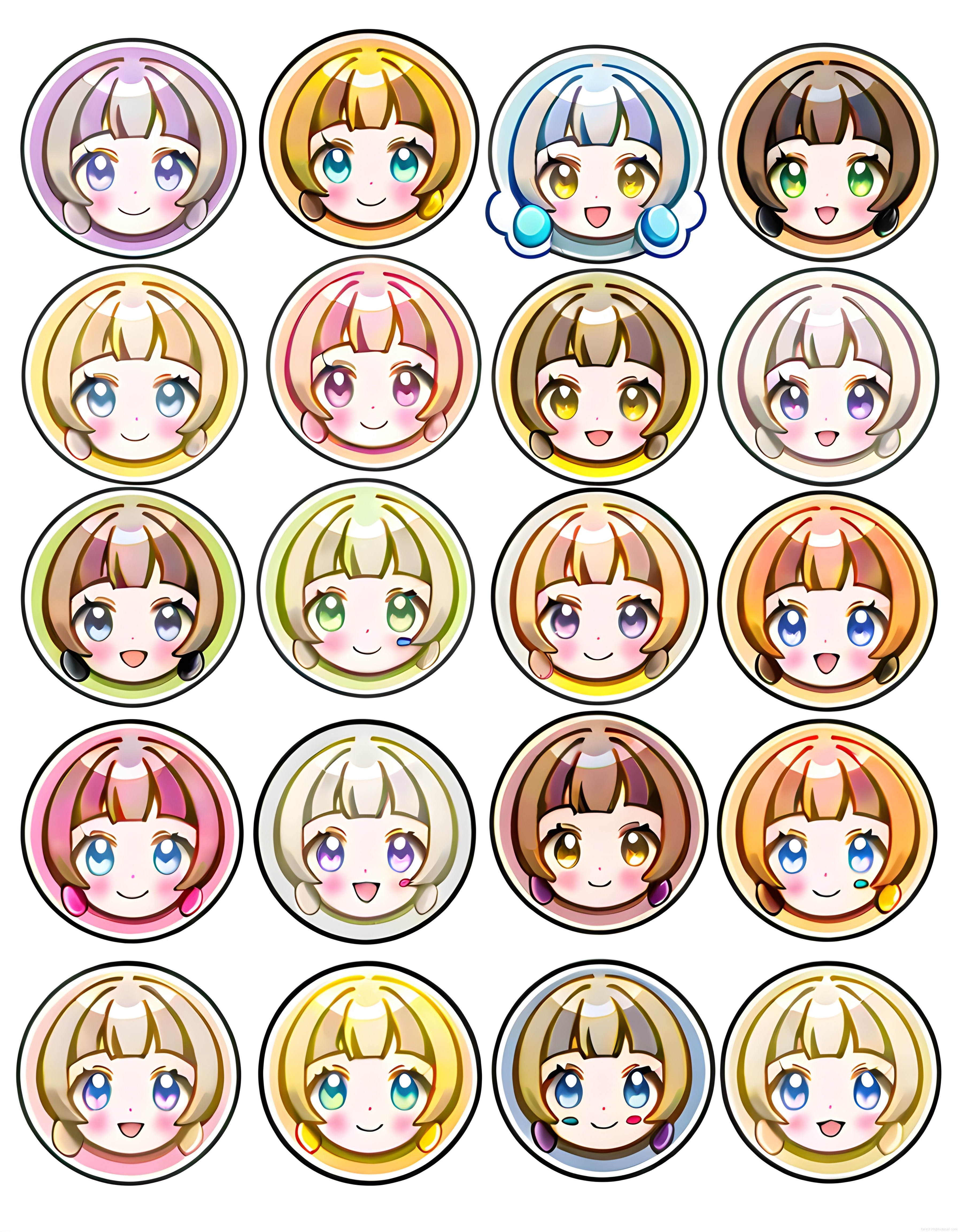 Sevimli Renkli Anime Chibi Kız Yüzleri Dairesel Çerçeve Avatar Seti