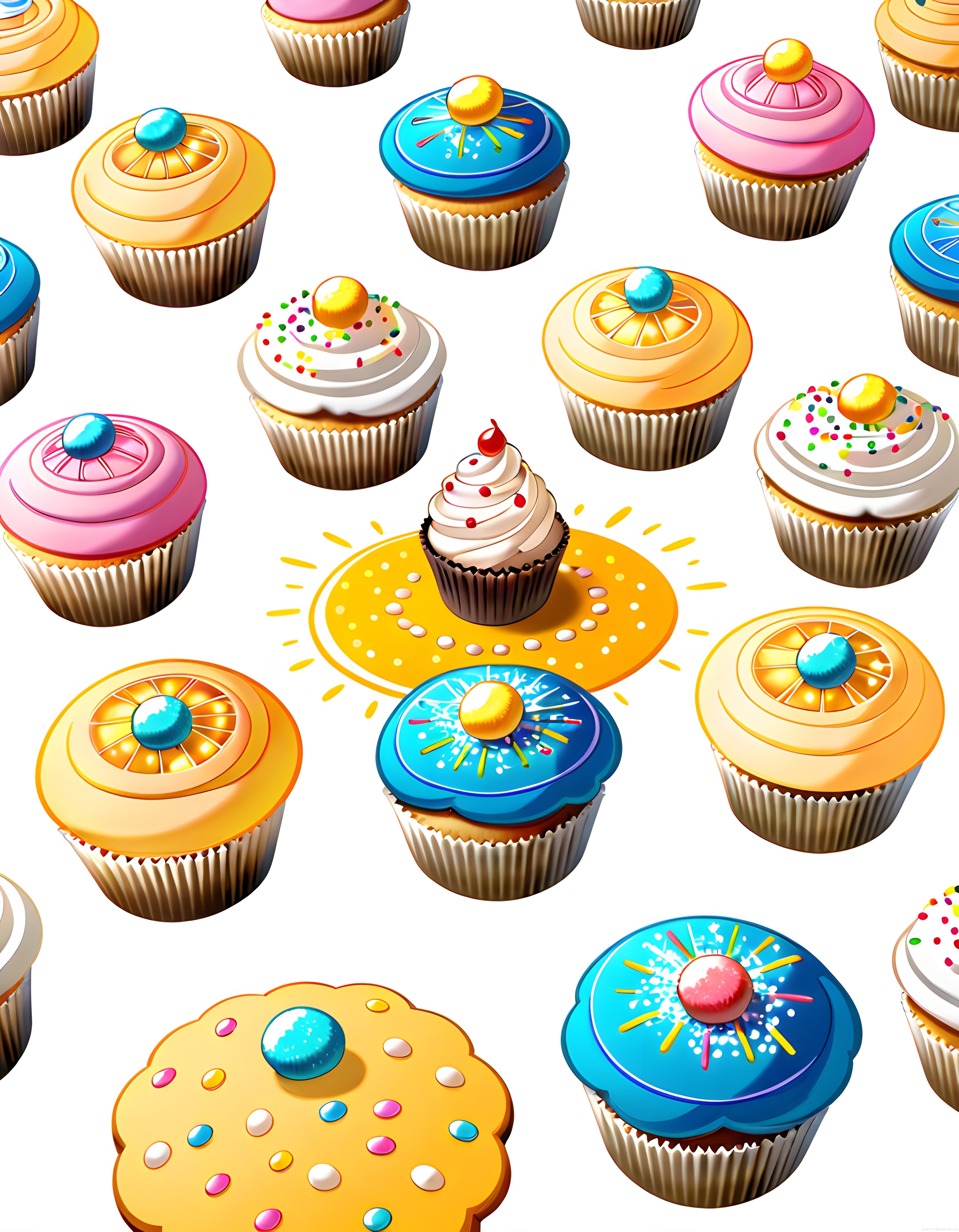 Sevimli Renkli Cupcake ve Bonbonlu Kurabiye Çizimleri Arka Planı