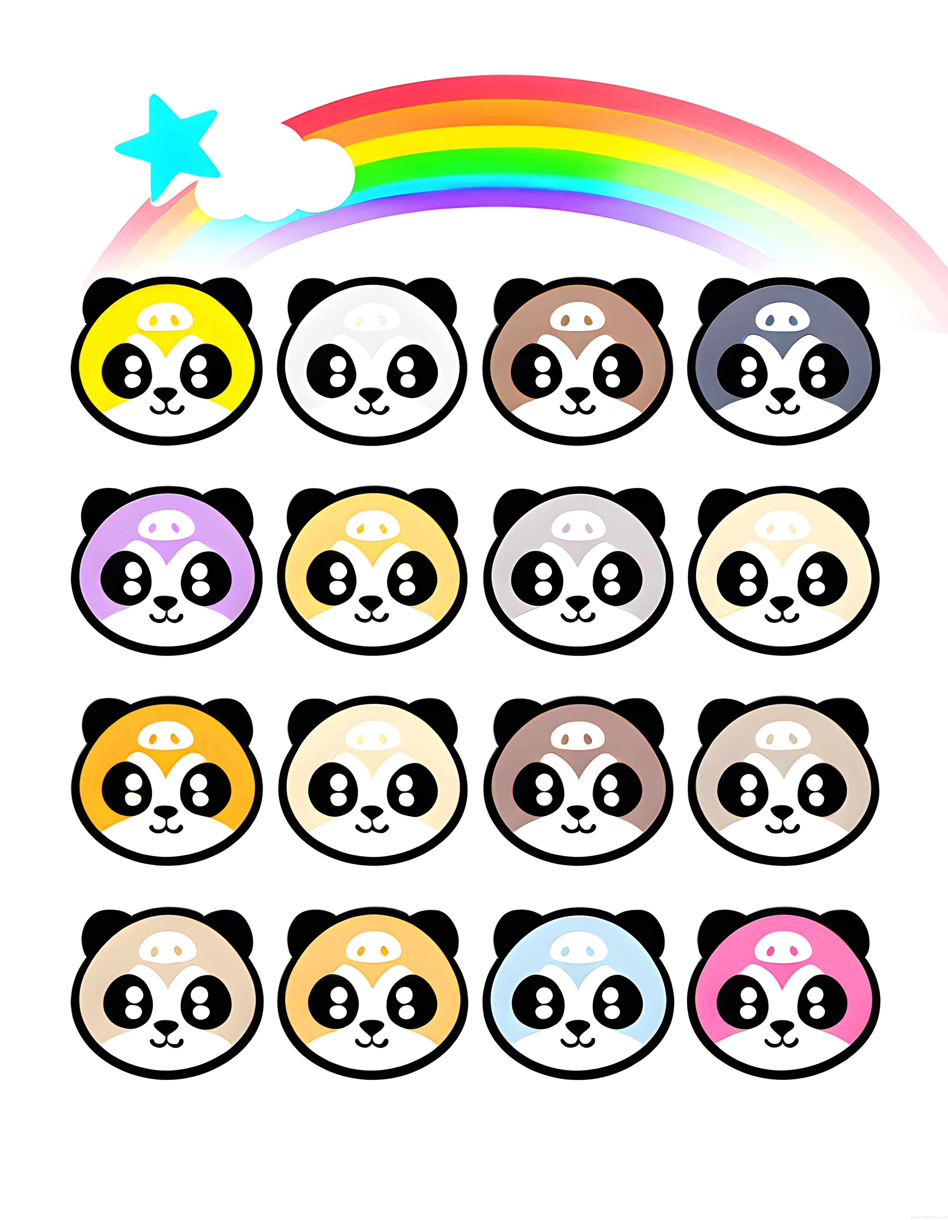 Sevimli Renkli Panda Yüzleri ve Gökkuşağı Kawaii Vektör İllüstrasyon Seti