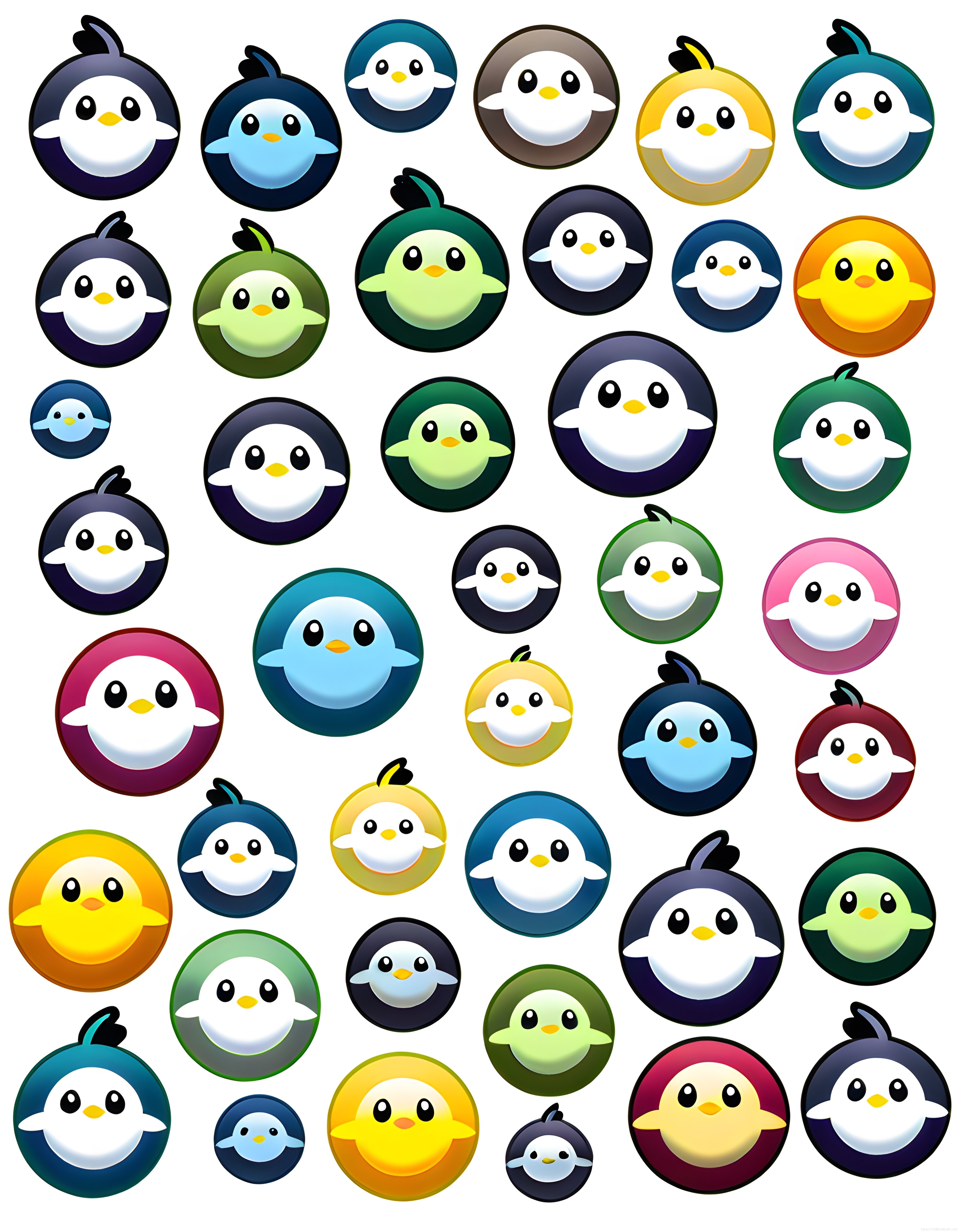 Sevimli renkli penguen karakterleri yuvarlak dijital sticker çizgi film seti